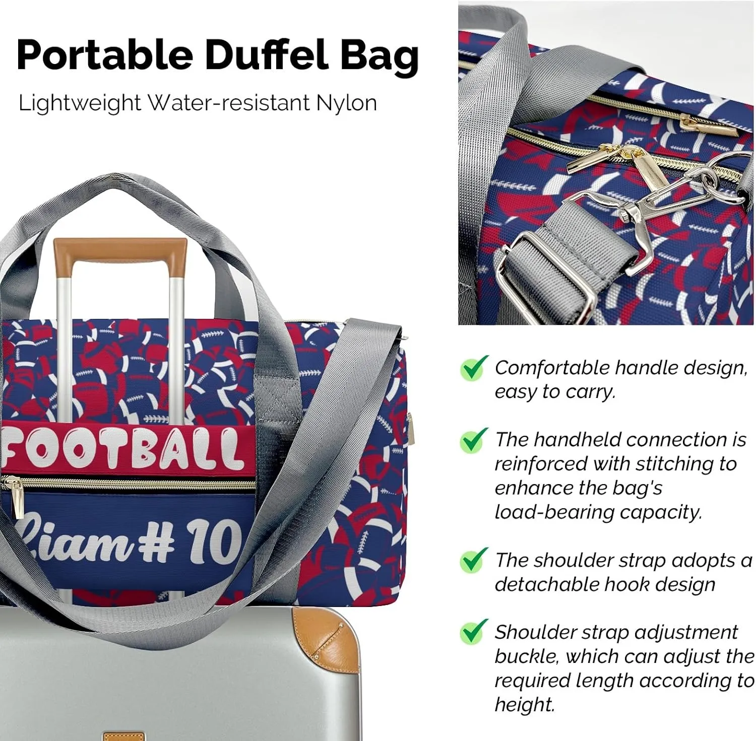 American Football Navy Red Waterproof Duffel Bag Adjustable Shoulder Strap Perform Training Travel Bag for Teens Adults