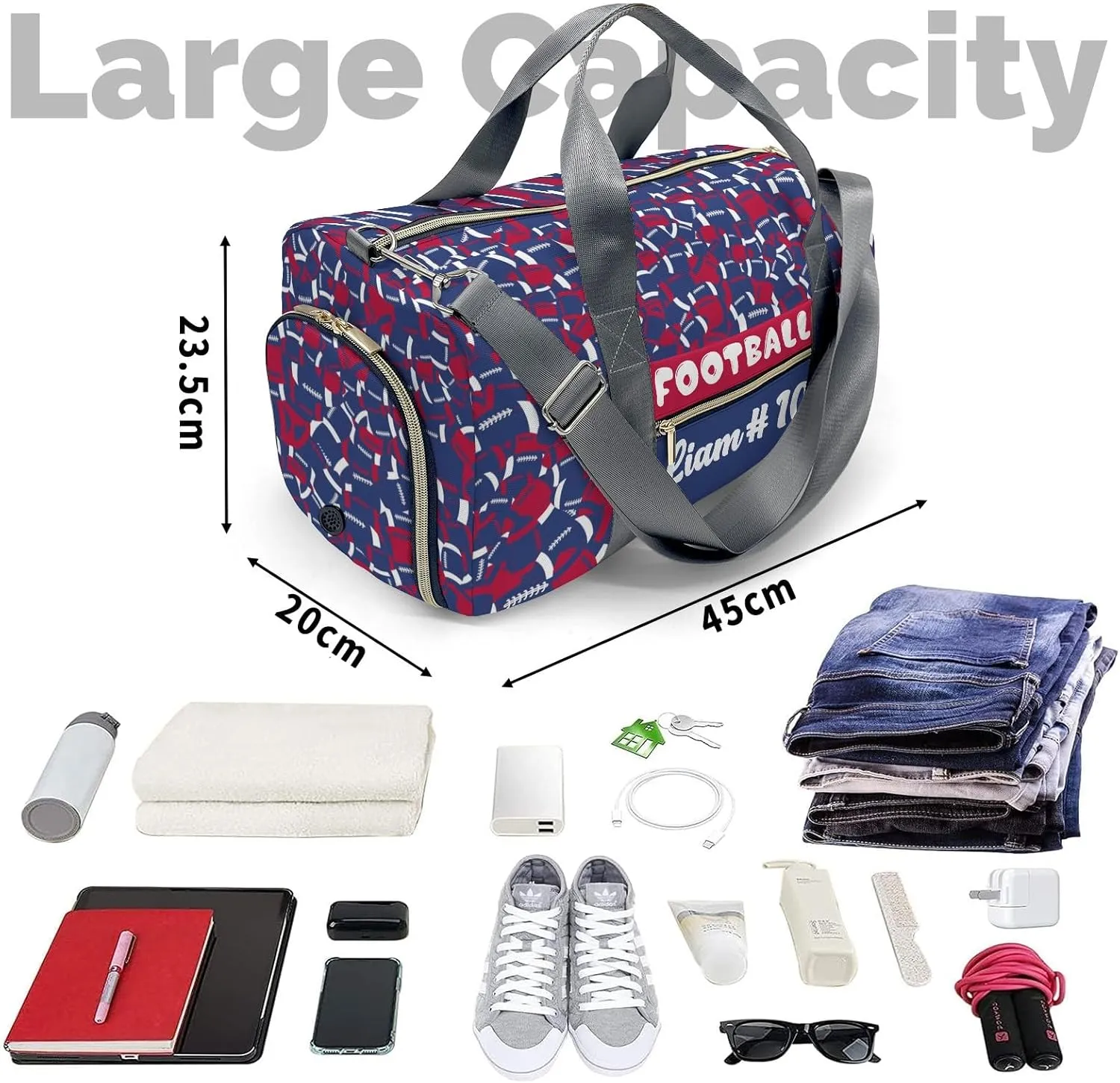 American Football Navy Red Waterproof Duffel Bag Adjustable Shoulder Strap Perform Training Travel Bag for Teens Adults
