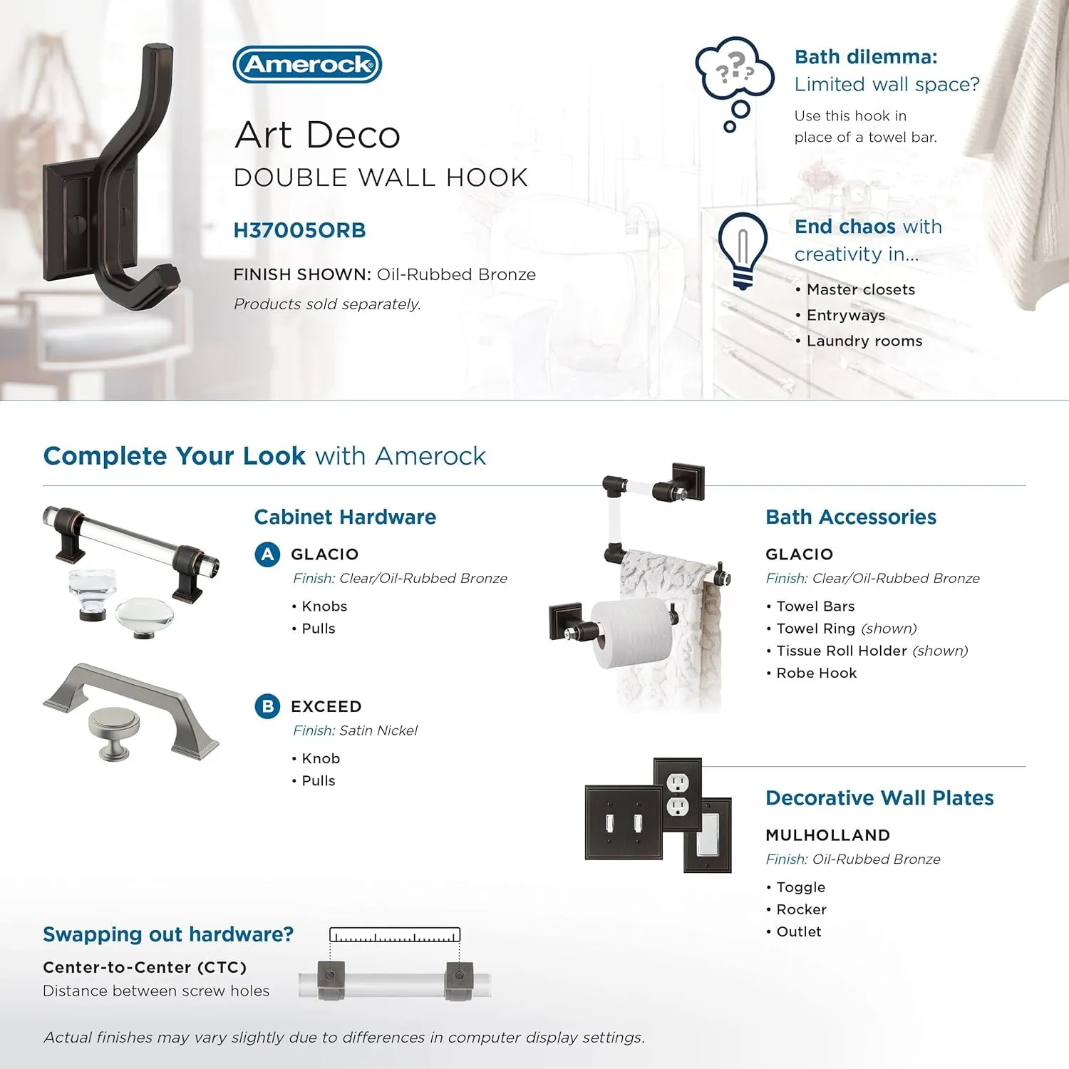 Amerock H37005ORB | Aliso Double Prong Decorative Wall Hook | Oil Rubbed Bronze Hook for Coats, Hats, Backpacks, Bags | Hooks for Bathroom, Bedroom, Closet, Entryway, Laundry Room, Office