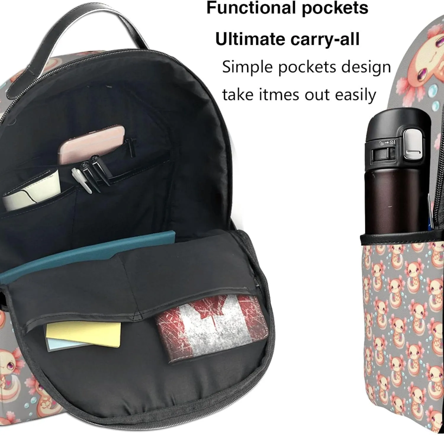 AMRANDOM Axolotls Hearts And Bubbles Gray (1) Backpack Casual Daypack with Padded Straps Friendly Laptop Backpack Cool Backpacks for Sports Outdoors Running