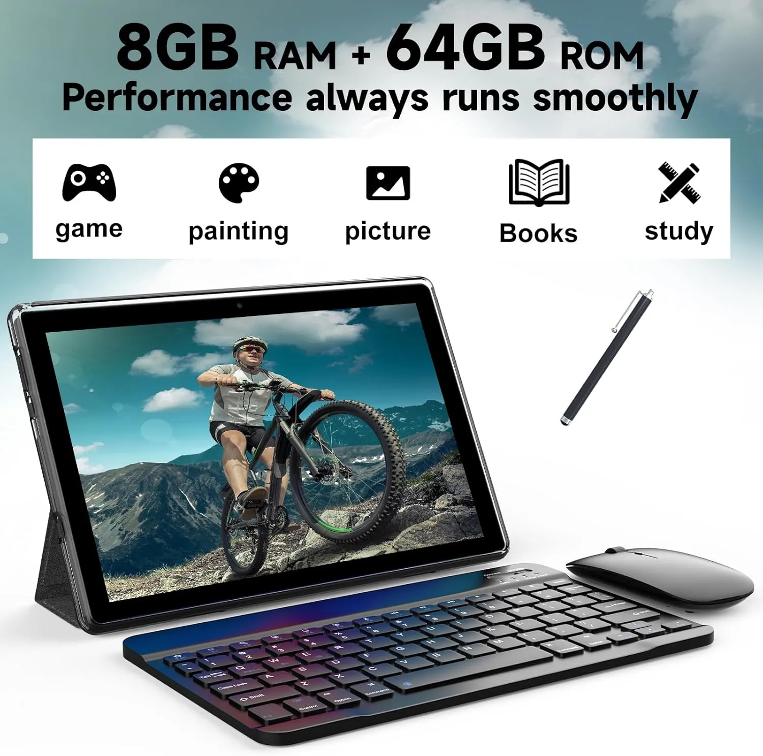 Android 14 Tablet, 10 inch 2 in 1 Tablets with Keyboard Mouse Case Stylus, 8GB 64GB 1TB Expand Tablet, 1.8Ghz Quad-core UPC, 1280*800 IPS Touch Screen Computer, 5G WiFi6 BT 5.0, 6000mAH Battery Tab PC