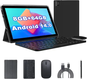 Android 14 Tablet, 10 inch 2 in 1 Tablets with Keyboard Mouse Case Stylus, 8GB 64GB 1TB Expand Tablet, 1.8Ghz Quad-core UPC, 1280*800 IPS Touch Screen Computer, 5G WiFi6 BT 5.0, 6000mAH Battery Tab PC