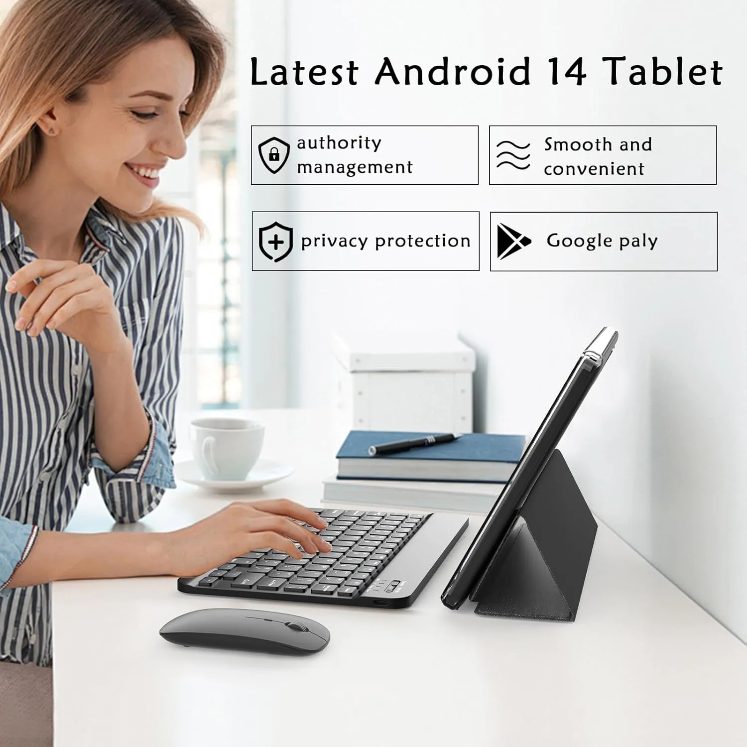Android 14 Tablet, 10 inch 2 in 1 Tablets with Keyboard Mouse Case Stylus, 8GB 64GB 1TB Expand Tablet, 1.8Ghz Quad-core UPC, 1280*800 IPS Touch Screen Computer, 5G WiFi6 BT 5.0, 6000mAH Battery Tab PC