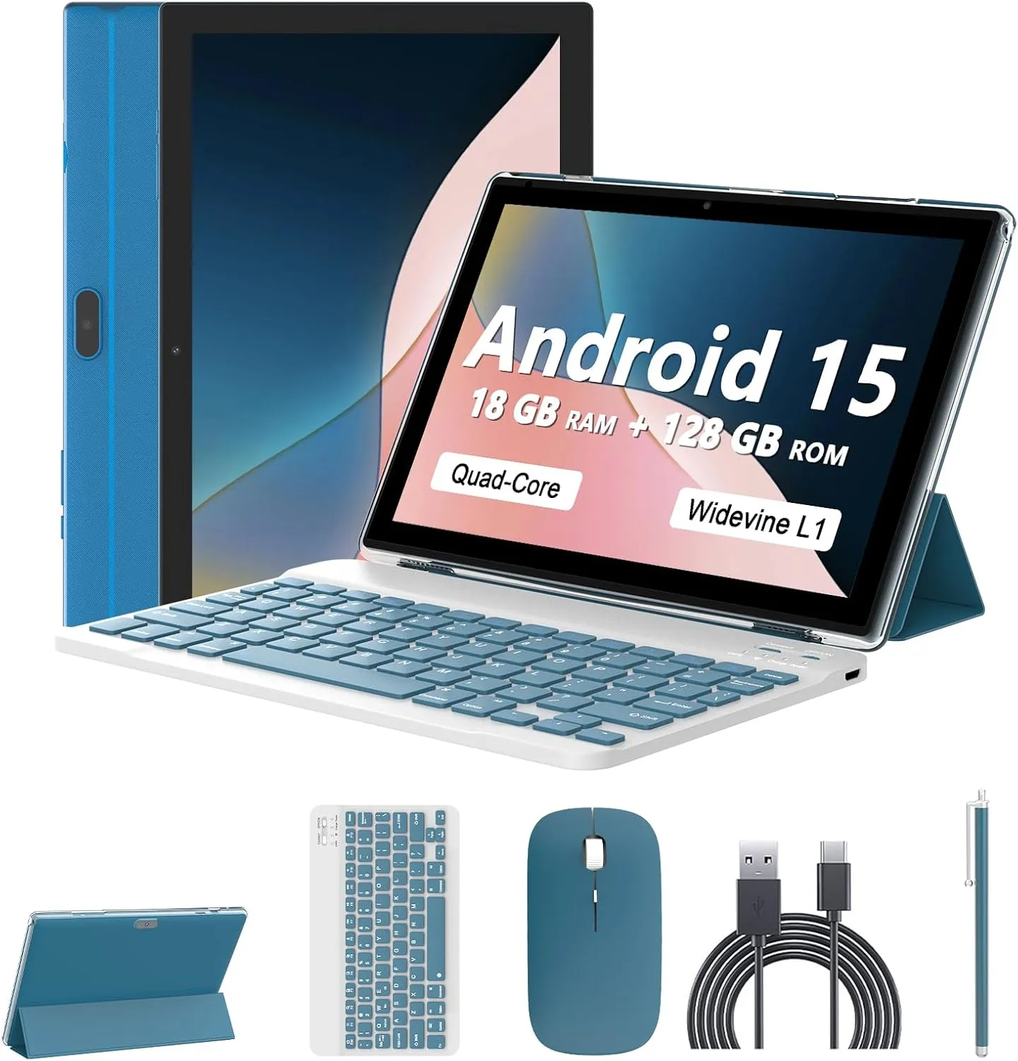 Android 15 Tablet 10 Inch, 18GB RAM 128GB ROM/2TB Expandable Tablet, 2 in 1 Tablets with Keyboard Case Mouse Stylus, 2.0GHz Quad-core CPU, 1280*800 IPS HD Screen, 5G WiFi6 BT 5.0, 8MP Camera Tablet PC