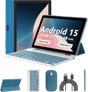 Android 15 Tablet 10 Inch, 18GB RAM 128GB ROM/2TB Expandable Tablet, 2 in 1 Tablets with Keyboard Case Mouse Stylus, 2.0GHz Quad-core CPU, 1280*800 IPS HD Screen, 5G WiFi6 BT 5.0, 8MP Camera Tablet PC