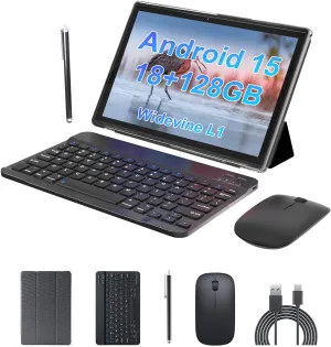 Android 15 Tablet 10 inch Tablet 2 IN 1Tablets with Keyboard Mouse Case Stylus 18GB RAM 128GB ROM 2TB Expand, 1280x800 10.1" IPS HD Touchscreen 6000mAh Battery Bluetooth Dual Camera GMS 5G-WiFi Wifi6