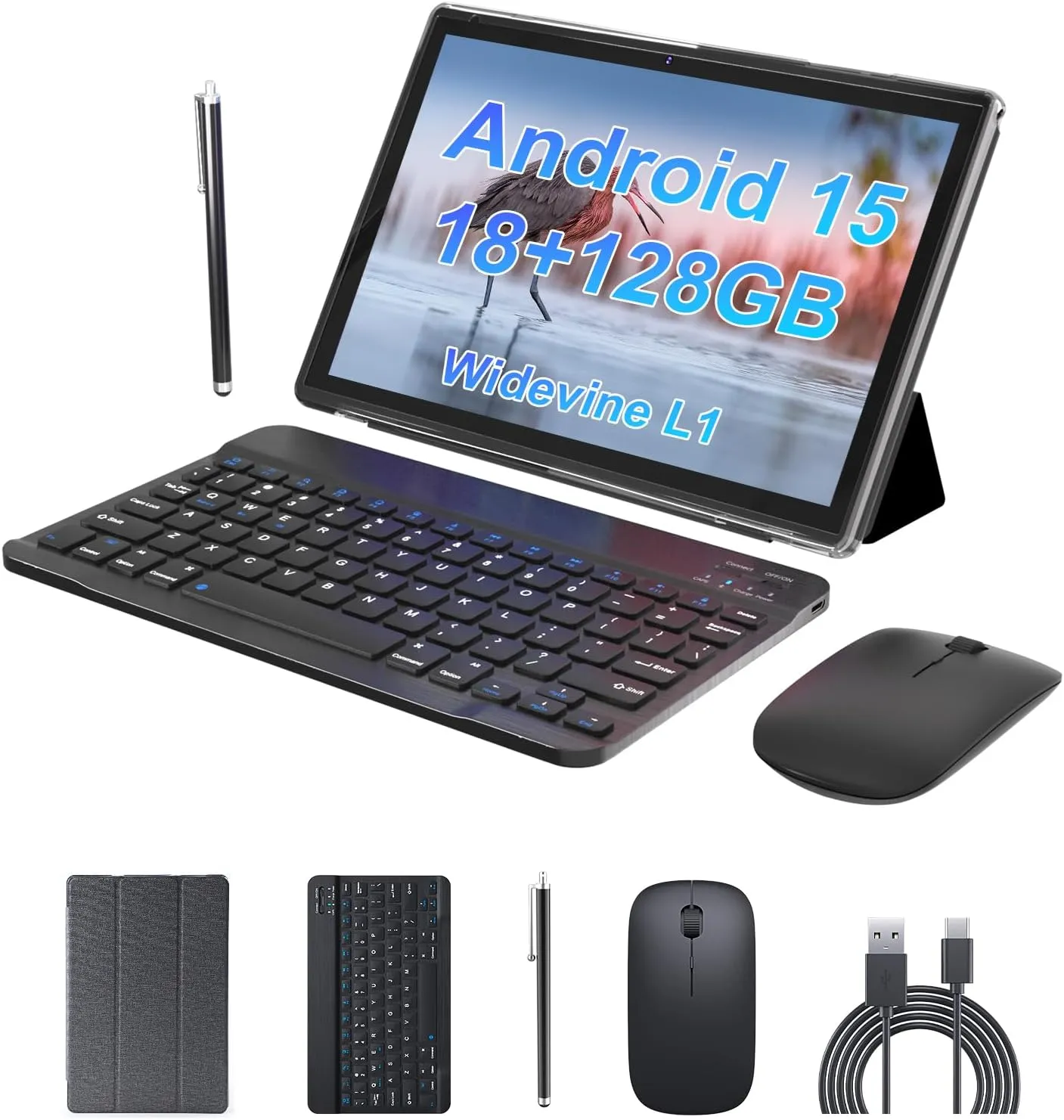 Android 15 Tablet 10 inch Tablet 2 IN 1Tablets with Keyboard Mouse Case Stylus 18GB RAM 128GB ROM 2TB Expand, 1280x800 10.1" IPS HD Touchscreen 6000mAh Battery Bluetooth Dual Camera GMS 5G-WiFi Wifi6