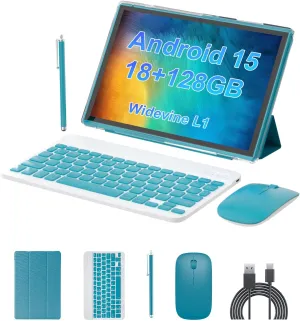 Android 15 Tablet 10 inch Tablet 2 IN 1Tablets with Keyboard Mouse Case Stylus 18GB RAM 128GB ROM 2TB Expand, 1280x800 10.1" IPS HD Touchscreen 6000mAh Battery Bluetooth Dual Camera GMS 5G-WiFi Wifi6