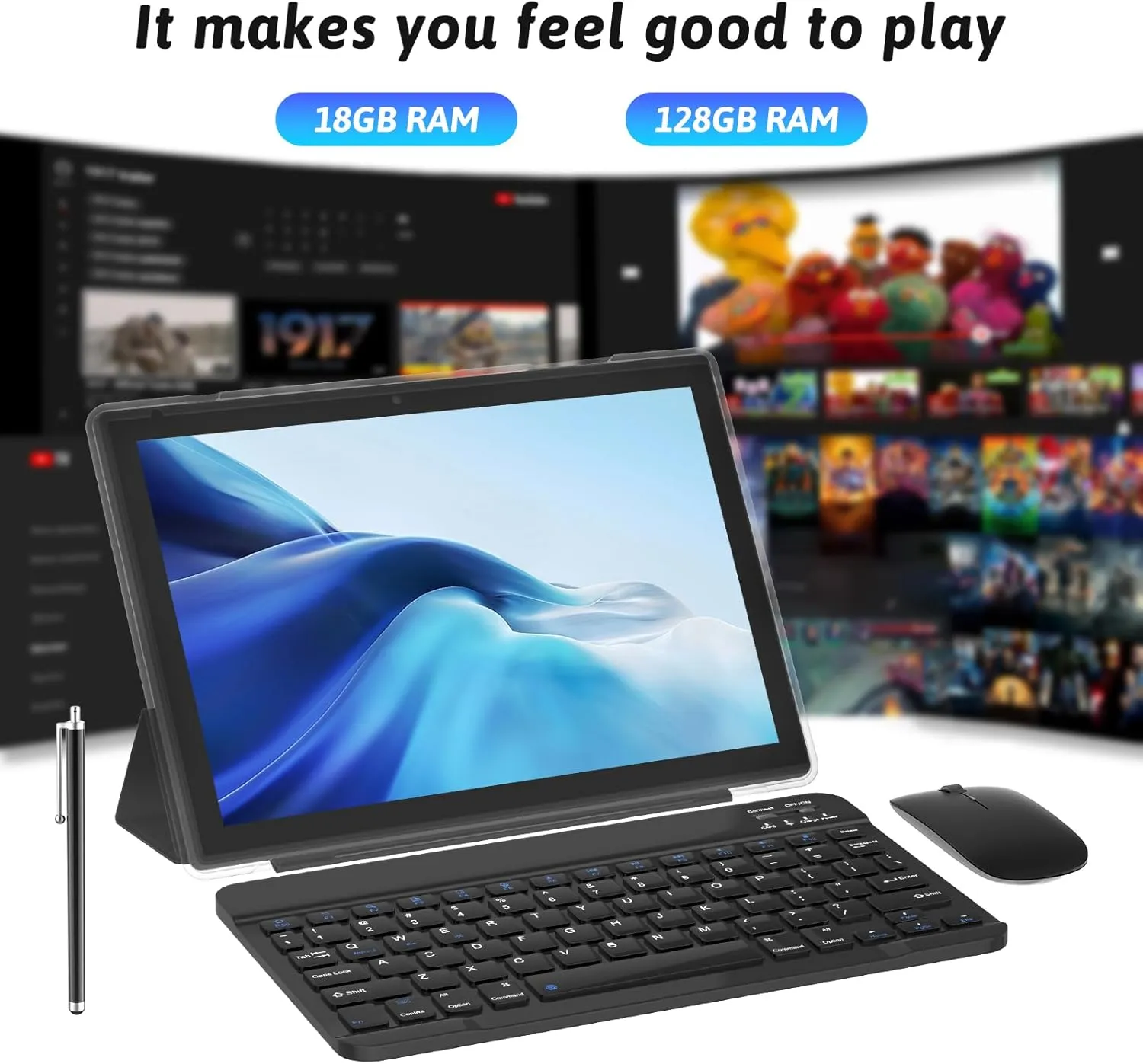 Android 15 Tablet 10 inch Tablet 2 IN 1Tablets with Keyboard Mouse Case Stylus 18GB RAM 128GB ROM 2TB Expand, 1280x800 10.1" IPS HD Touchscreen 6000mAh Battery Bluetooth Dual Camera GMS 5G-WiFi Wifi6
