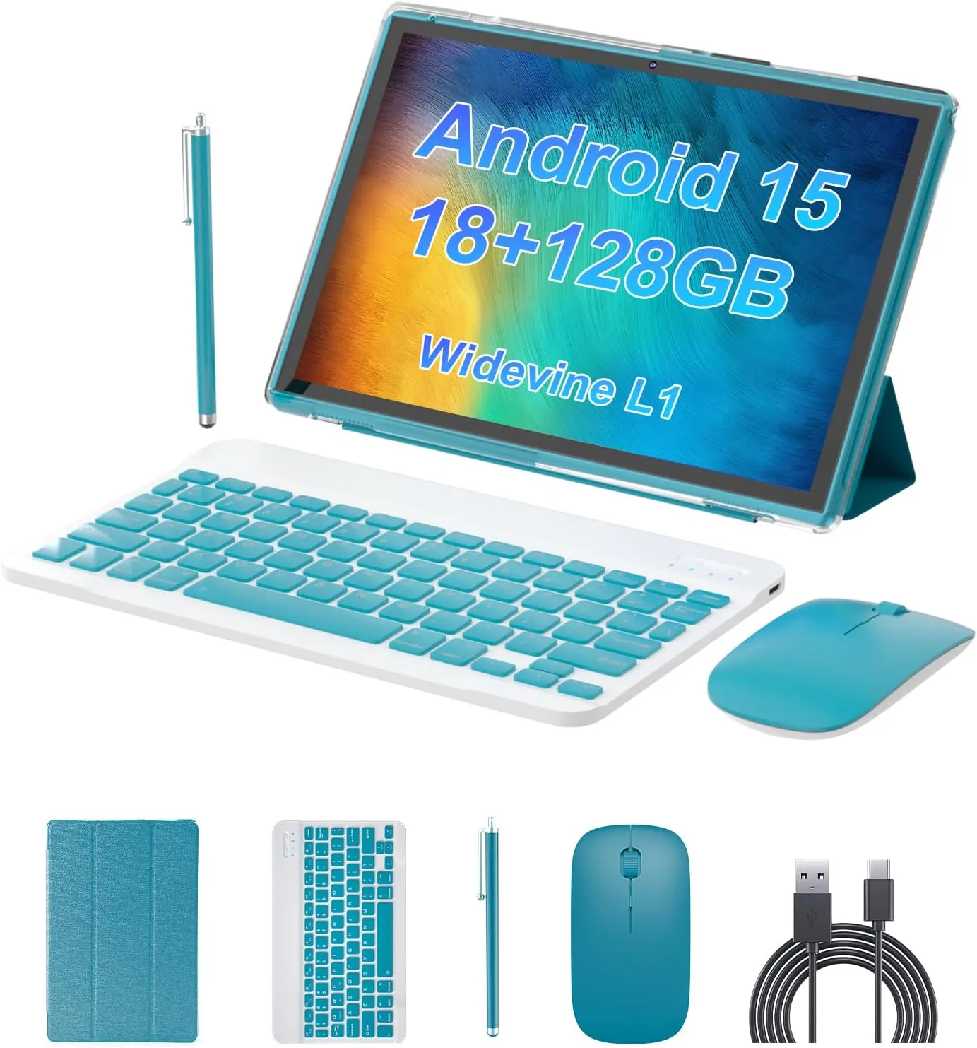 Android 15 Tablet 10 inch Tablet 2 IN 1Tablets with Keyboard Mouse Case Stylus 18GB RAM 128GB ROM 2TB Expand, 1280x800 10.1" IPS HD Touchscreen 6000mAh Battery Bluetooth Dual Camera GMS 5G-WiFi Wifi6