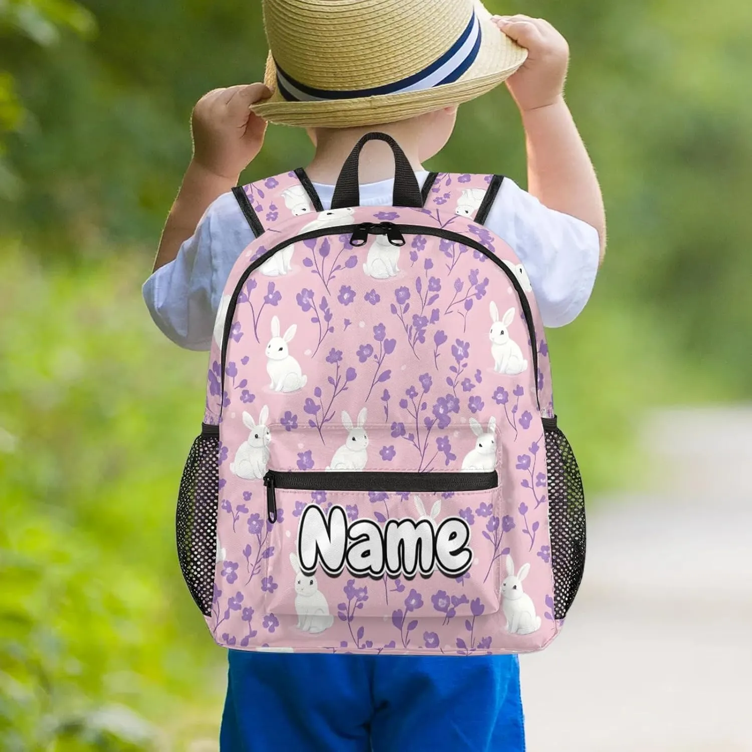 Animal Rabbits Personalized Backpack Bag with Name Lightweight Custom Shoulder Bags Waterproof Casual Backpacks Travel Laptop Bag for Work Picnic 12in