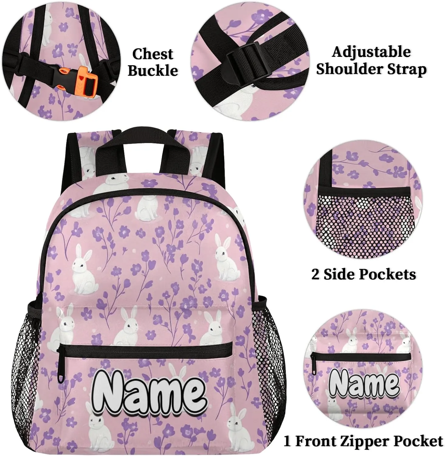 Animal Rabbits Personalized Backpack Bag with Name Lightweight Custom Shoulder Bags Waterproof Casual Backpacks Travel Laptop Bag for Work Picnic 12in