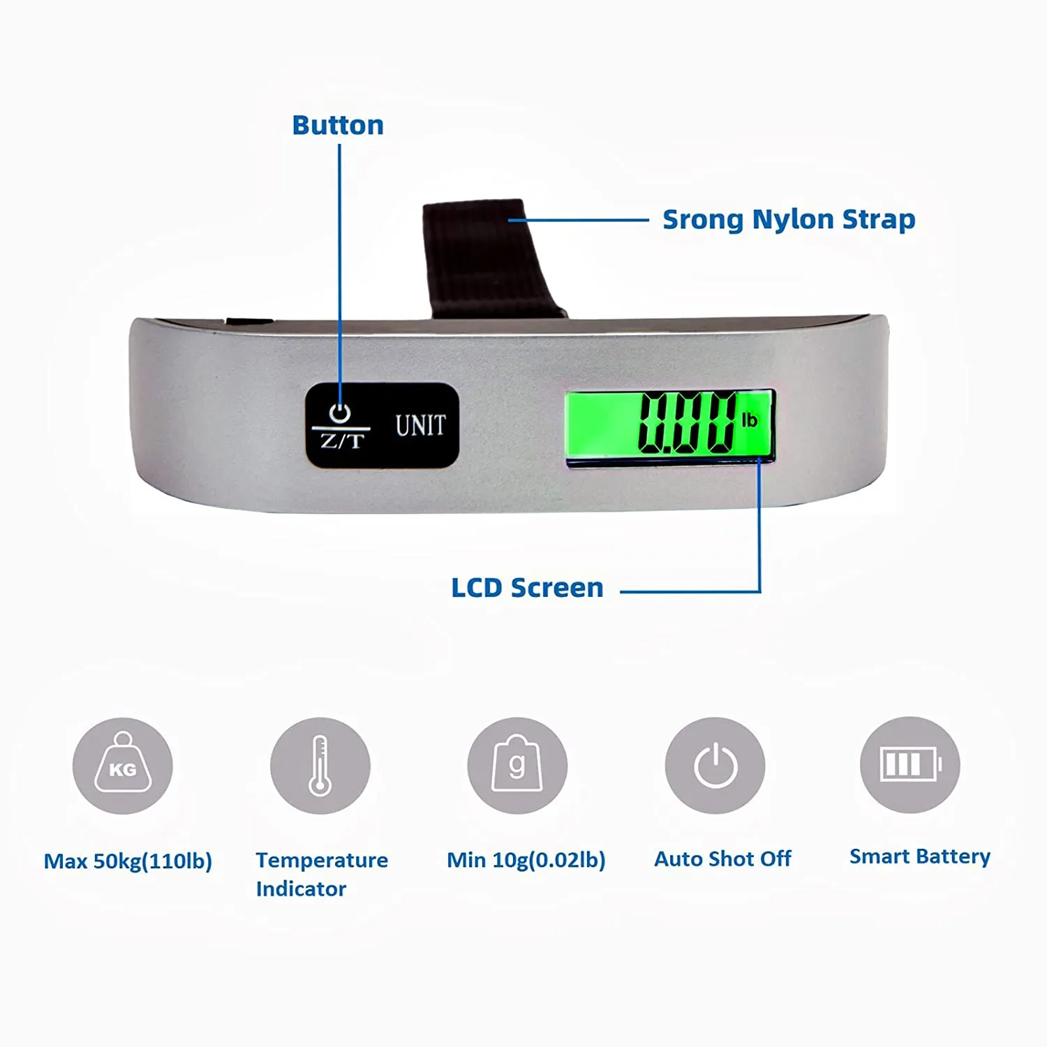 ANYGLEAM Silver Luggage Stainless Weighing Scale With Hook 50Kg Accurate Measure Electronic Portable Digital Display