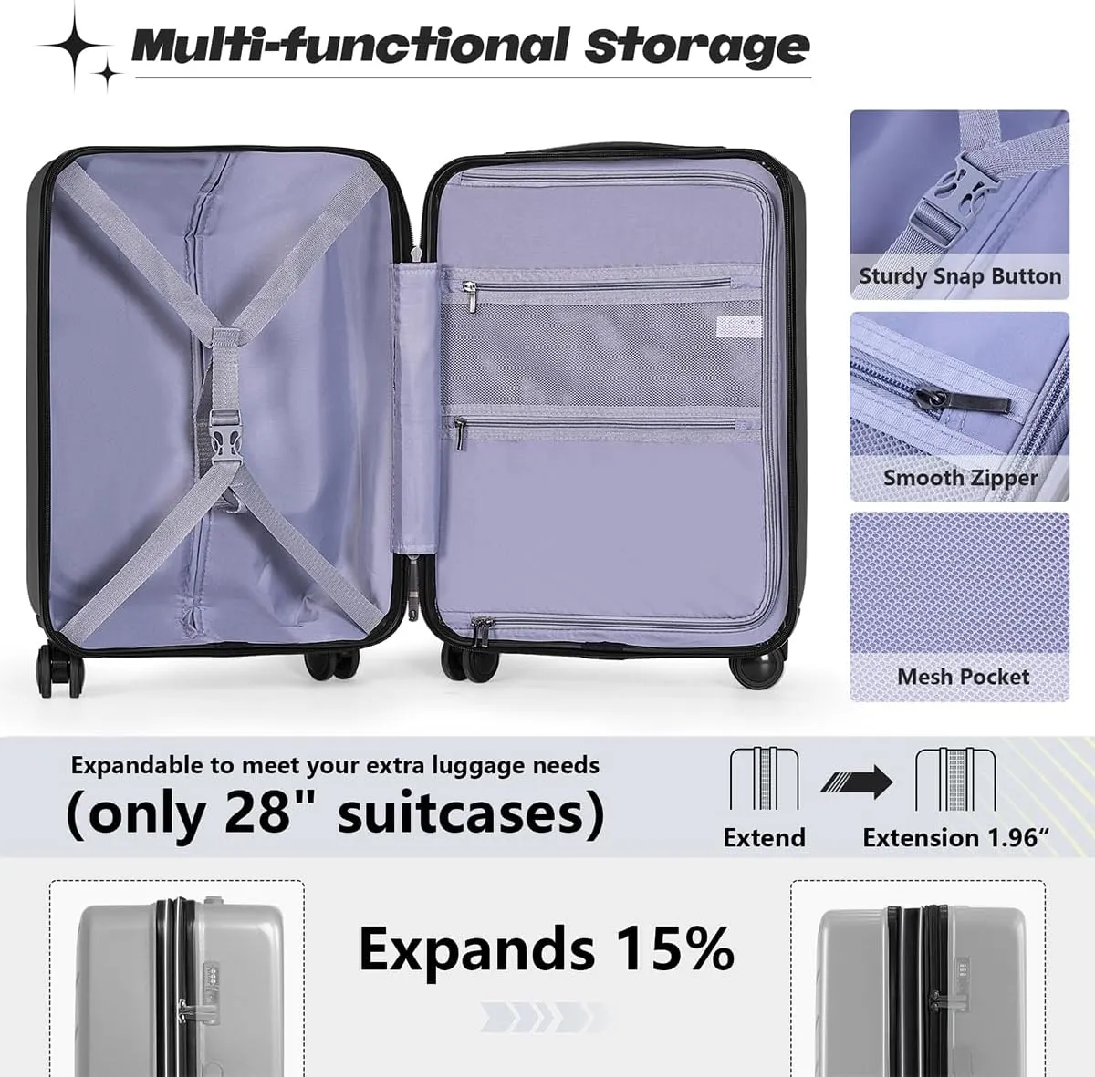AnyZip Luggage Set Carry On Luggage Expandable (only 28") Suitcase with Compartment (only 20") PC ABS Spinner 20in 24in 28in Carry on Suitcase