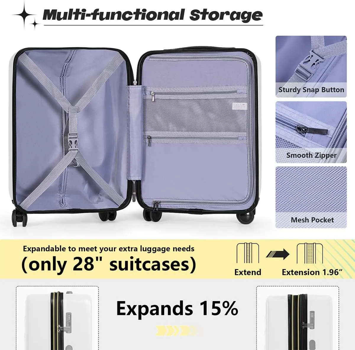 AnyZip Luggage Set Carry On Luggage Expandable (only 28") Suitcase with Compartment (only 20") PC ABS Spinner 20in 24in 28in Carry on Suitcase
