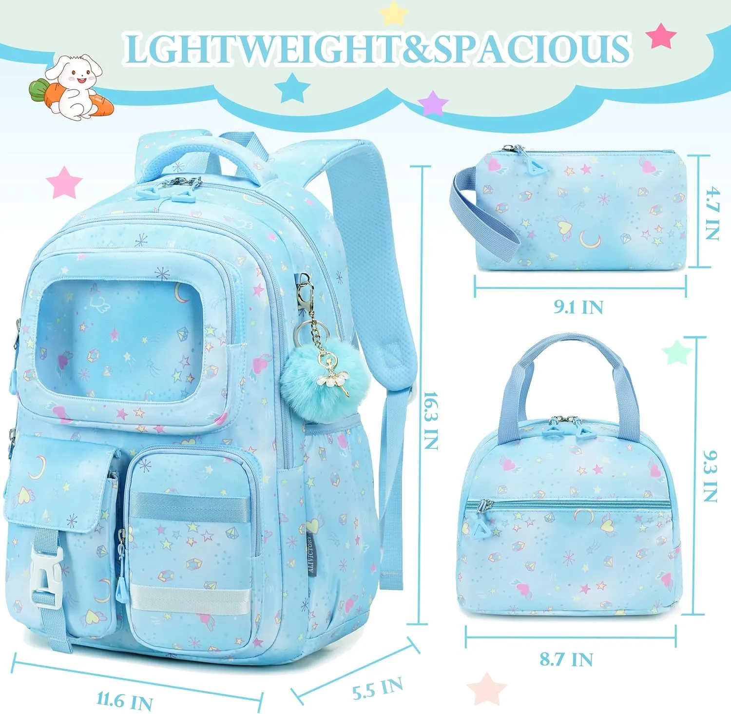 AO ALI VICTORY Backpack for Girls with Lunch Bag Pencil Case Kids School Bags for Kindergarten Elementary Middle Primary Schoolbag Cute 16 inch Laptop Bookbag Students 3 PCS Cute Bookbag, Blue Set