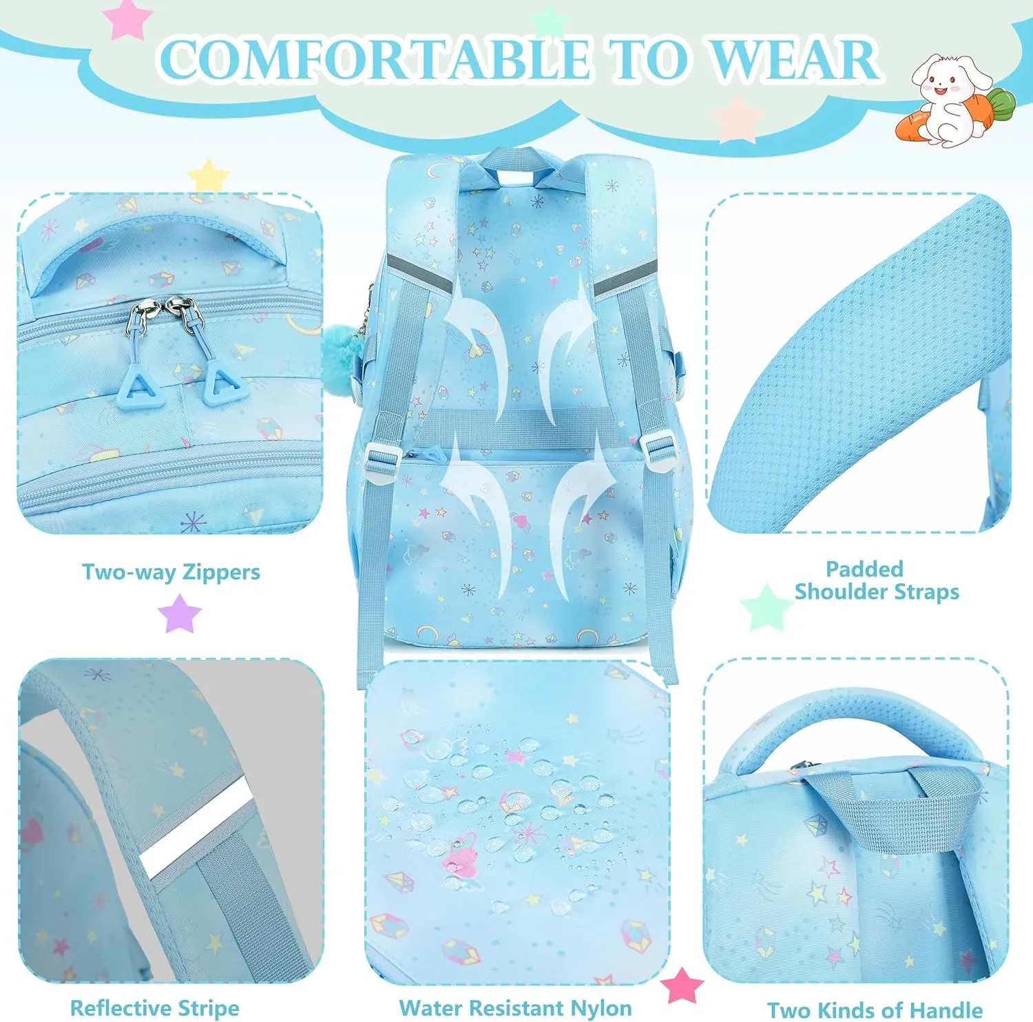 AO ALI VICTORY Backpack for Girls with Lunch Bag Pencil Case Kids School Bags for Kindergarten Elementary Middle Primary Schoolbag Cute 16 inch Laptop Bookbag Students 3 PCS Cute Bookbag, Blue Set