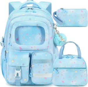 AO ALI VICTORY Backpack for Girls with Lunch Bag Pencil Case Kids School Bags for Kindergarten Elementary Middle Primary Schoolbag Cute 16 inch Laptop Bookbag Students 3 PCS Cute Bookbag, Blue Set