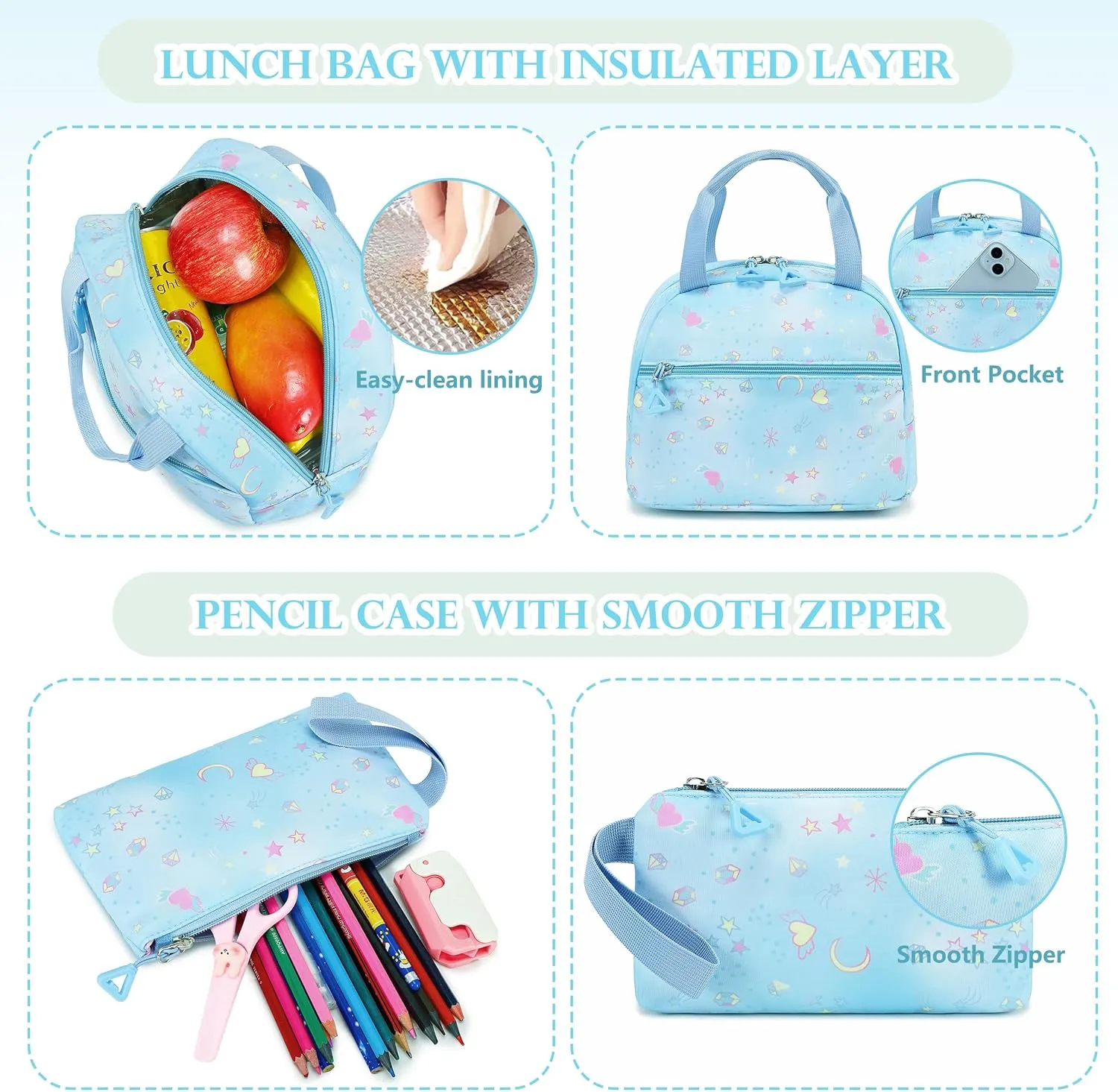 AO ALI VICTORY Backpack for Girls with Lunch Bag Pencil Case Kids School Bags for Kindergarten Elementary Middle Primary Schoolbag Cute 16 inch Laptop Bookbag Students 3 PCS Cute Bookbag, Blue Set