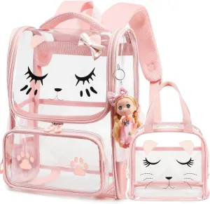 AO ALI VICTORY Girls Backpacks with Tote Bag Heavy Duty PVC Transparent Cute Backpack for Kids Toddler Girls Preschool Bookbags Elementary School Bags See Through Casual Travel Daypack, Pink Set