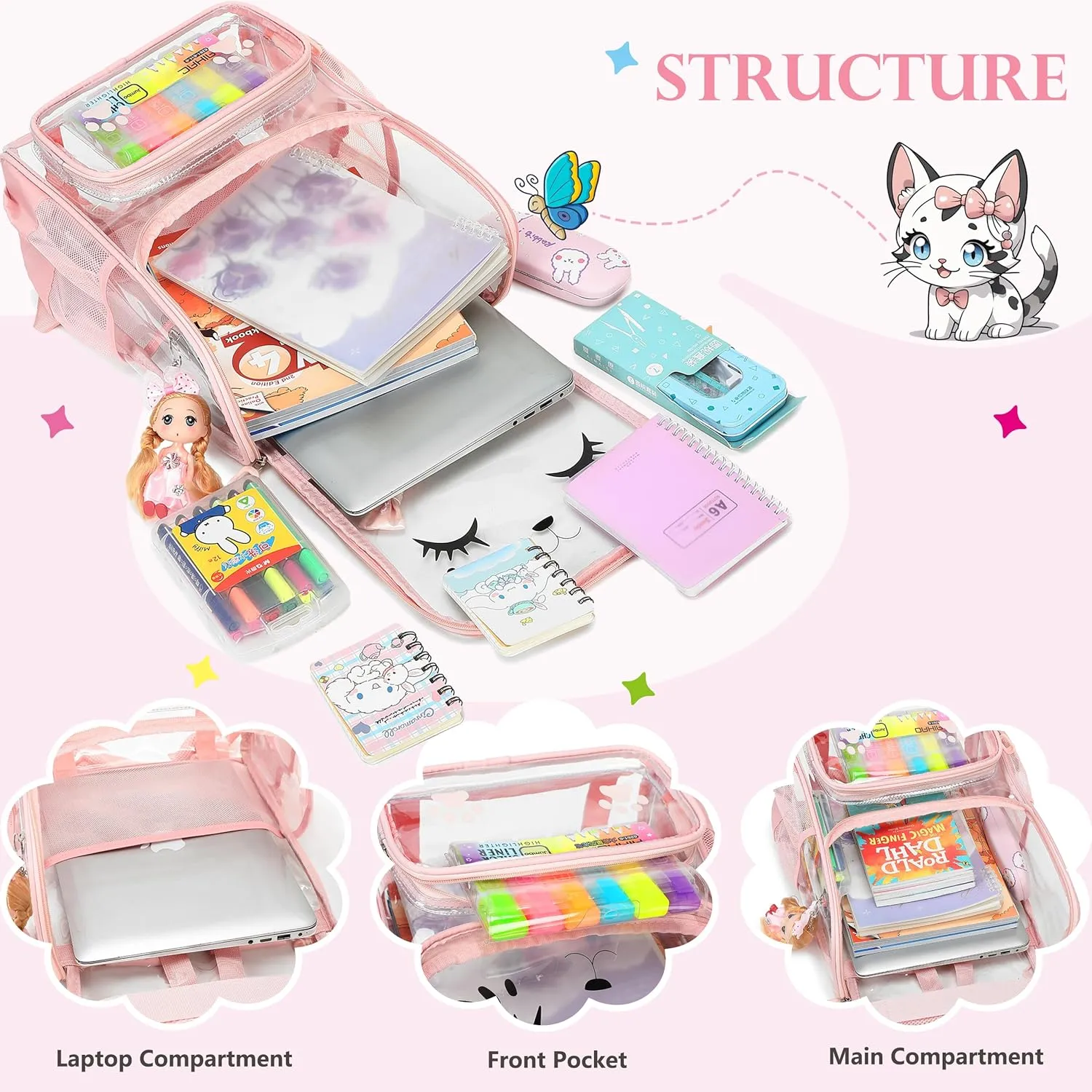 AO ALI VICTORY Girls Backpacks with Tote Bag Heavy Duty PVC Transparent Cute Backpack for Kids Toddler Girls Preschool Bookbags Elementary School Bags See Through Casual Travel Daypack, Pink Set