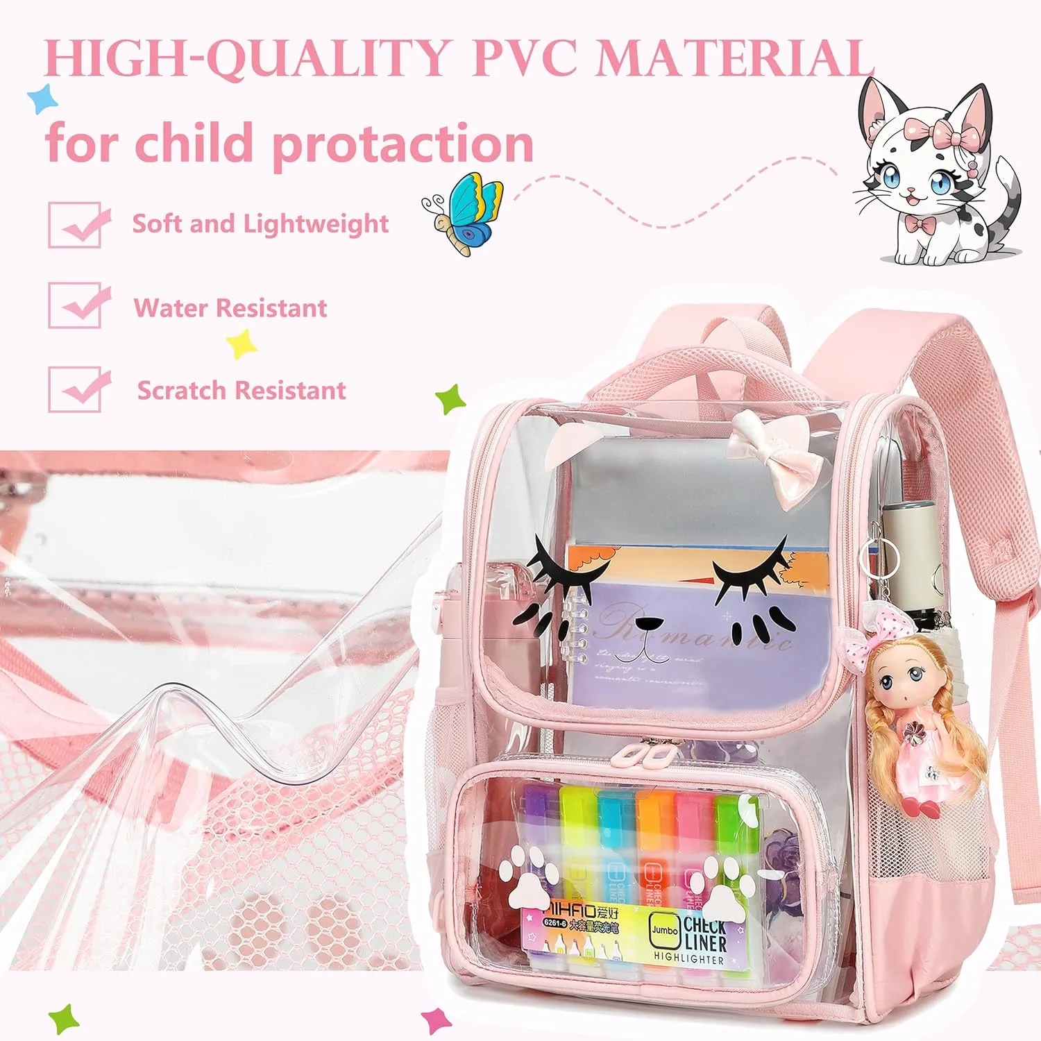 AO ALI VICTORY Girls Backpacks with Tote Bag Heavy Duty PVC Transparent Cute Backpack for Kids Toddler Girls Preschool Bookbags Elementary School Bags See Through Casual Travel Daypack, Pink Set
