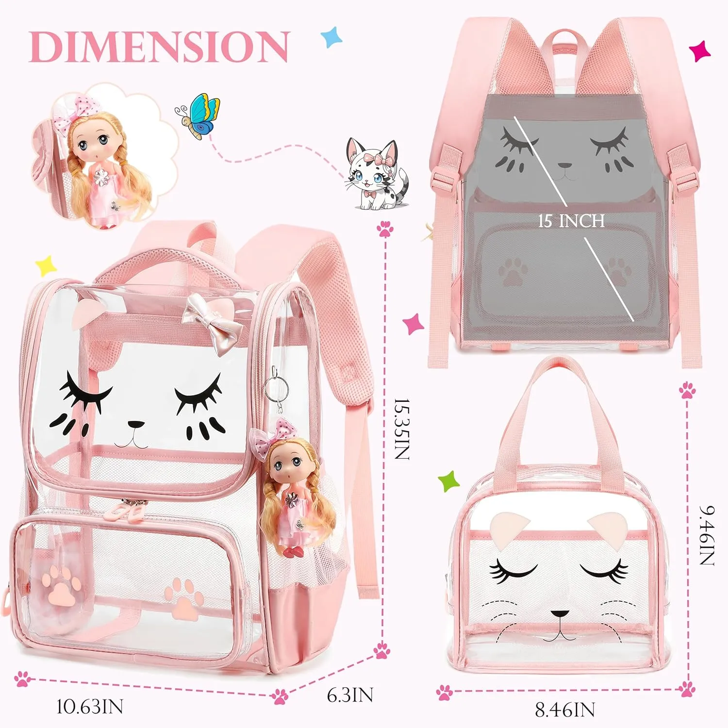AO ALI VICTORY Girls Backpacks with Tote Bag Heavy Duty PVC Transparent Cute Backpack for Kids Toddler Girls Preschool Bookbags Elementary School Bags See Through Casual Travel Daypack, Pink Set