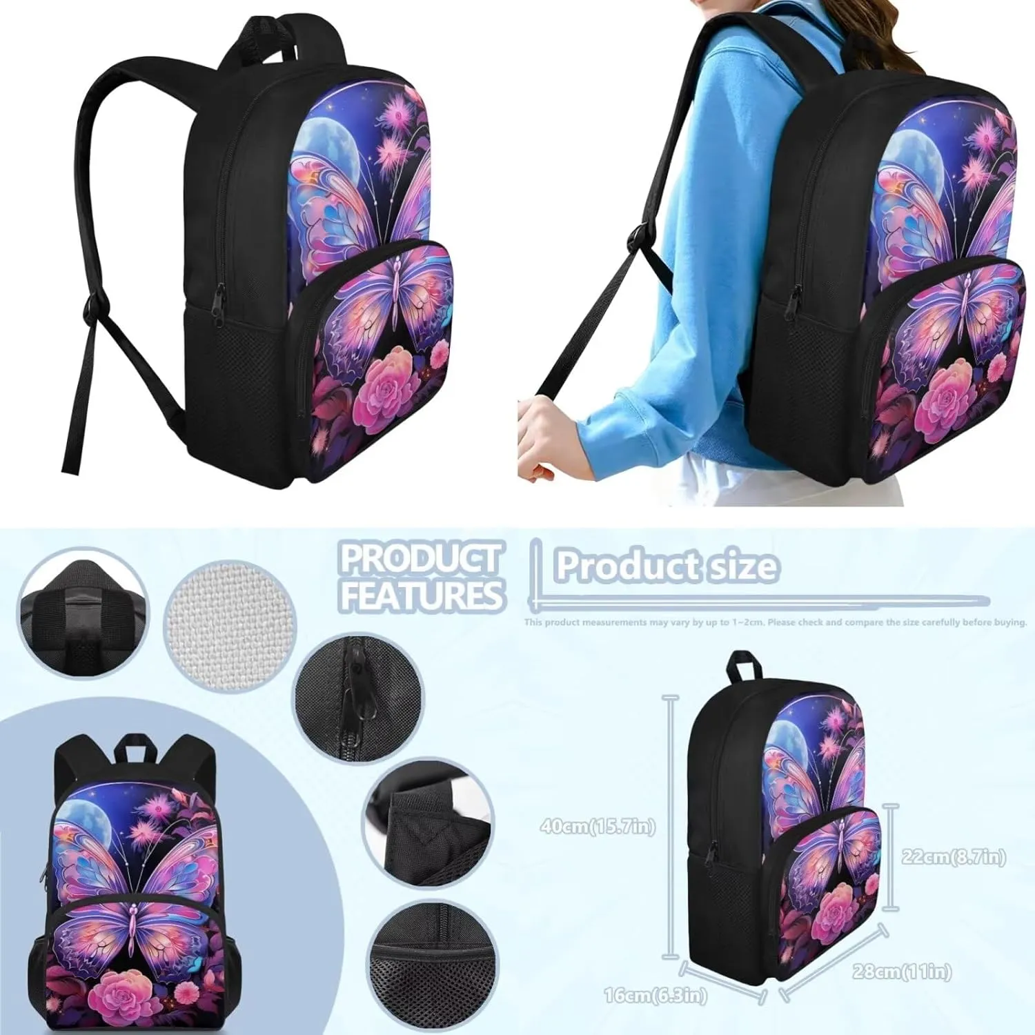 Art Butterfly Backpack for Boys, Girls Backpack with Lunch Box Set of 3 Large Bookbag for Middle School Boys Casual Daypack Fashion School Bookbags Sturdy School Bag with Side Pocket