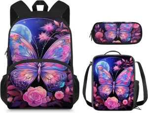 Art Butterfly Backpack for Boys, Girls Backpack with Lunch Box Set of 3 Large Bookbag for Middle School Boys Casual Daypack Fashion School Bookbags Sturdy School Bag with Side Pocket