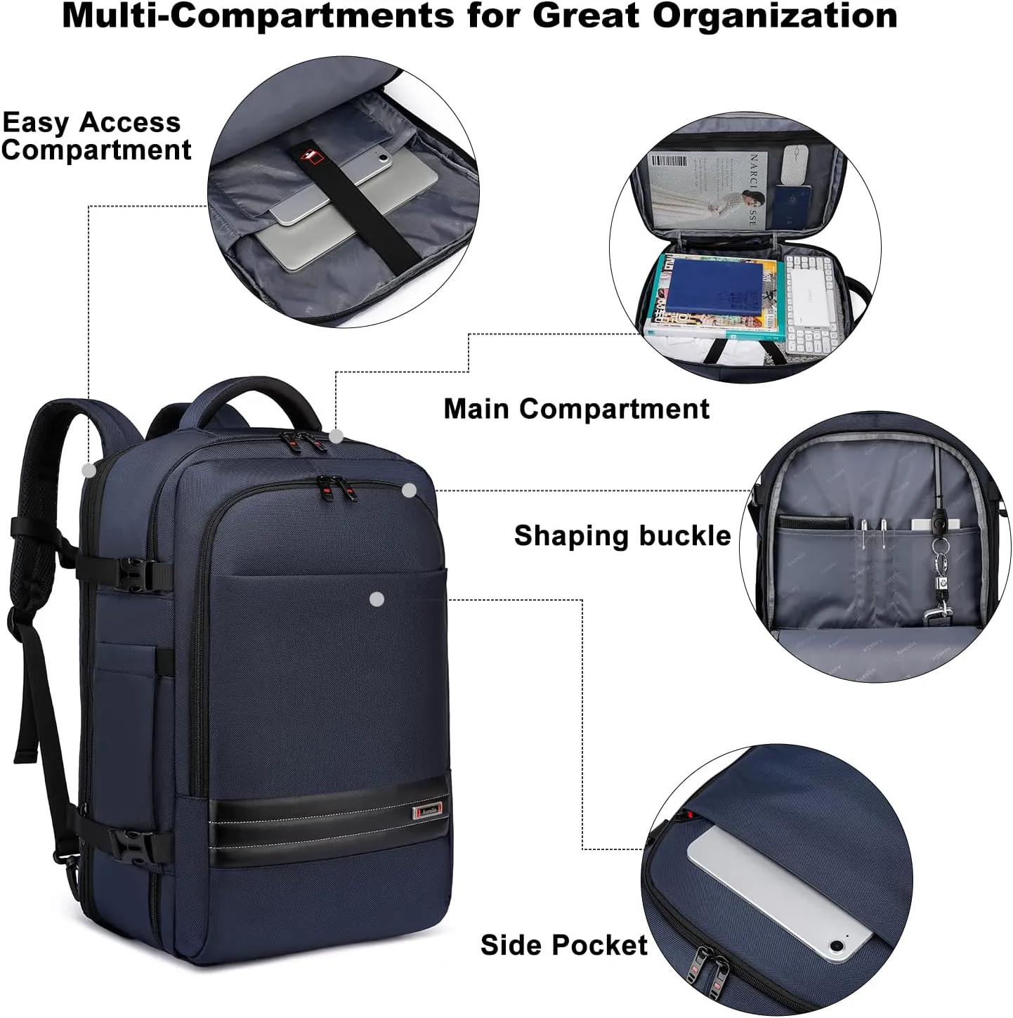 Asenlin 40L-50L Travel Backpack for Women Men，18 Inch Laptop Backpack Flight Approved Luggage Carry On Water Resistant Backpack for Overnight Large Daypack-Blue
