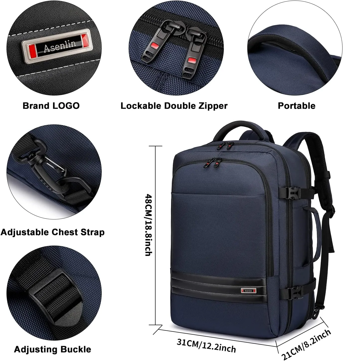 Asenlin 40L-50L Travel Backpack for Women Men，18 Inch Laptop Backpack Flight Approved Luggage Carry On Water Resistant Backpack for Overnight Large Daypack-Blue