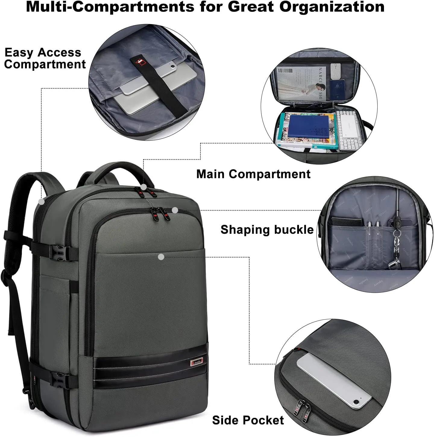 Asenlin 40L-50L Travel Backpack for Women Men，18 Inch Laptop Backpack Flight Approved Luggage Carry On Water Resistant for Overnight Large Daypack-Grey