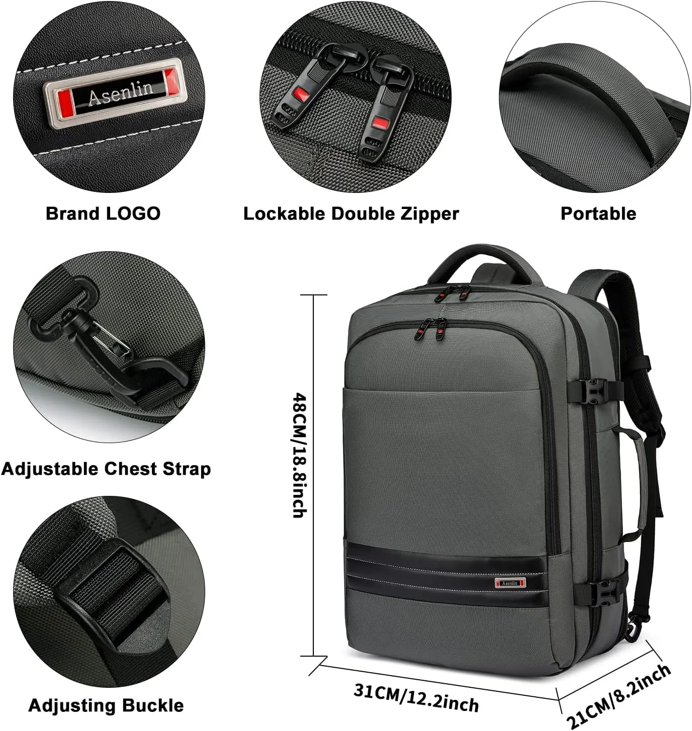 Asenlin 40L-50L Travel Backpack for Women Men，18 Inch Laptop Backpack Flight Approved Luggage Carry On Water Resistant for Overnight Large Daypack-Grey