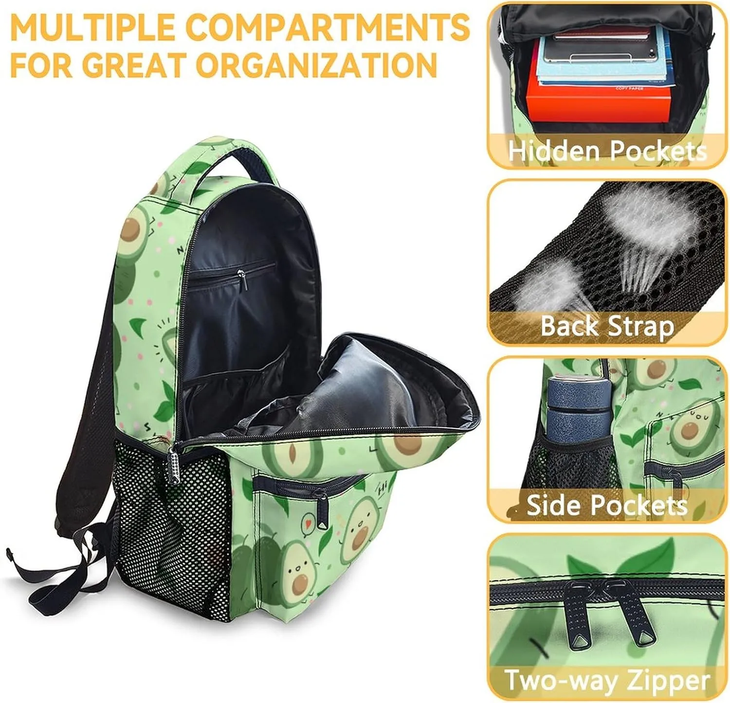 Avocado Backpacks for Girls, Boys - 16 Inch Cute Backpack for School - Green, Large Capacity, Durable, Lightweight Bookbag for Kids, Travel