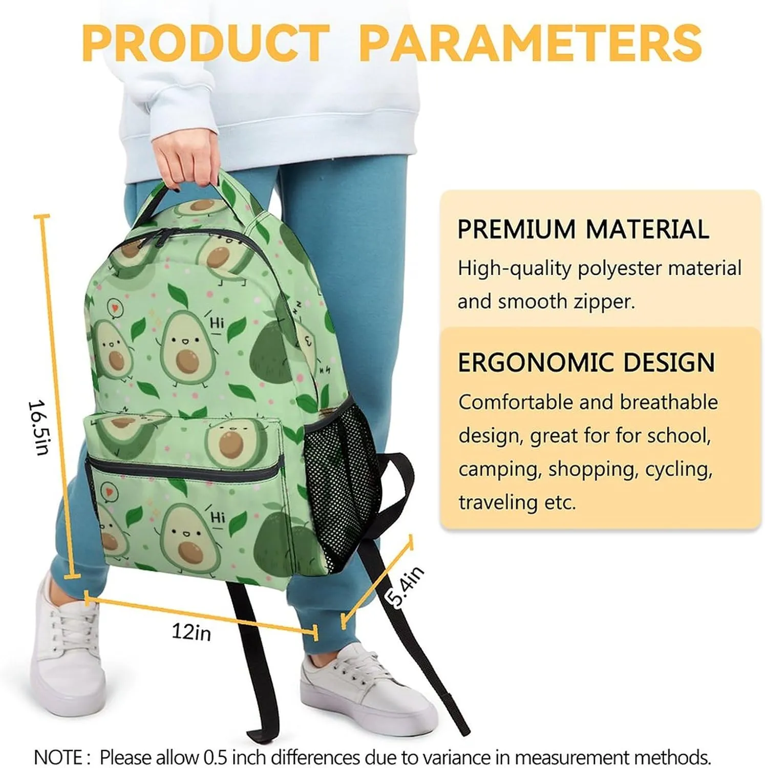Avocado Backpacks for Girls, Boys - 16 Inch Cute Backpack for School - Green, Large Capacity, Durable, Lightweight Bookbag for Kids, Travel