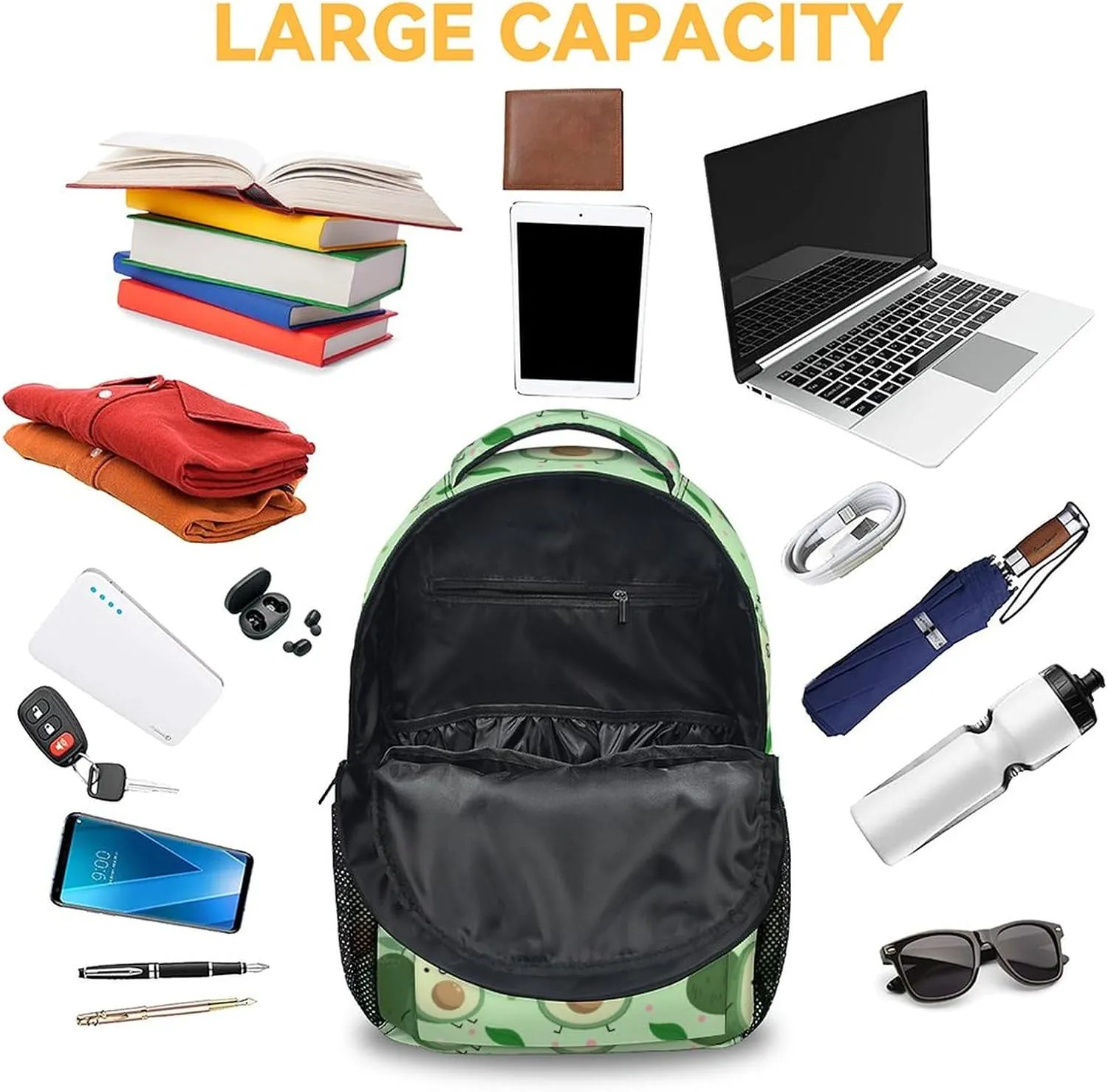 Avocado Backpacks for Girls, Boys - 16 Inch Cute Backpack for School - Green, Large Capacity, Durable, Lightweight Bookbag for Kids, Travel