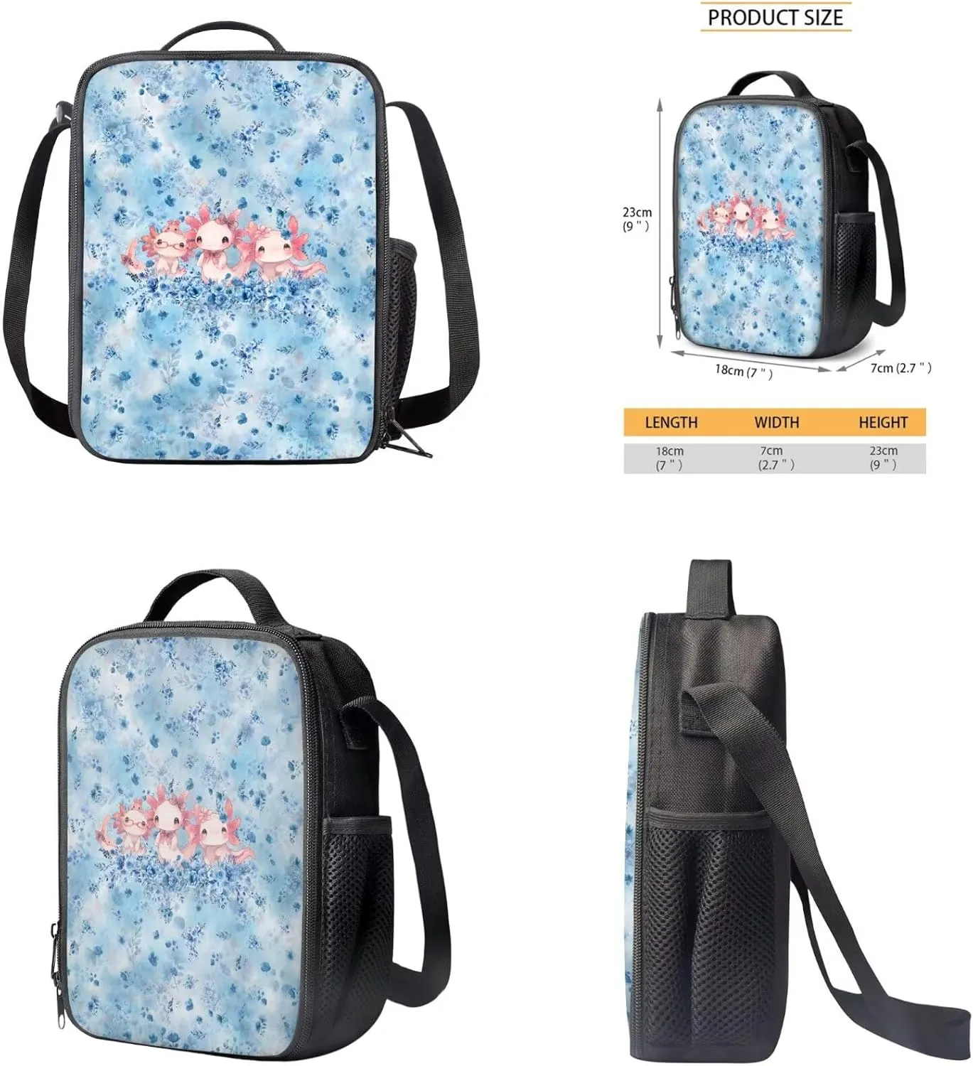 Axolotl and Flowers Backpacks for 5th Grade Girls Bookbag with Lunch Box and Pencil Case Elementary School Bag for Kids with Lunchbox Pencil Pouch