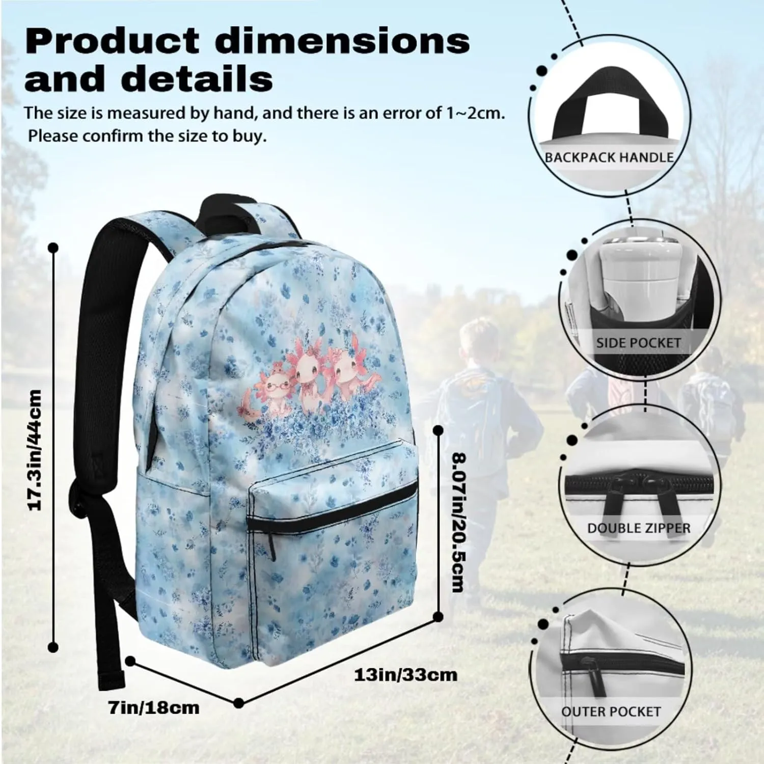 Axolotl and Flowers Backpacks for 5th Grade Girls Bookbag with Lunch Box and Pencil Case Elementary School Bag for Kids with Lunchbox Pencil Pouch