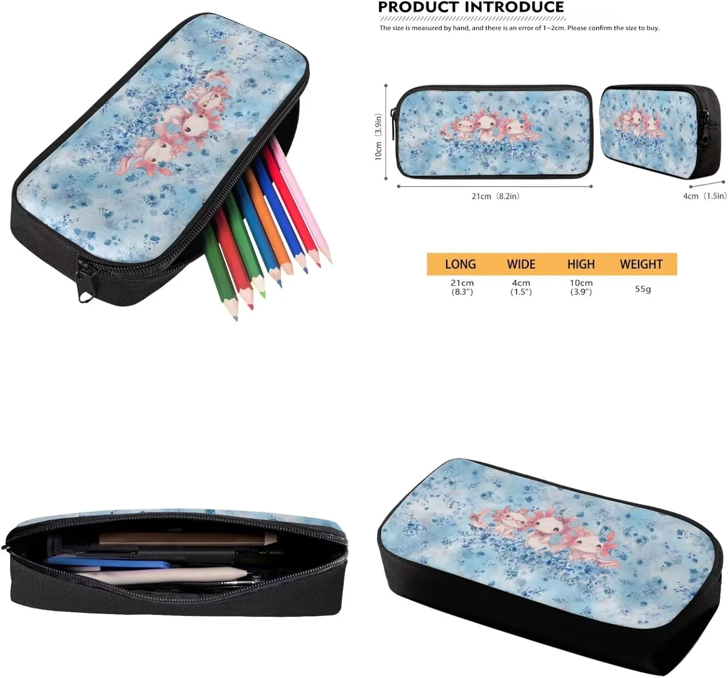 Axolotl and Flowers Backpacks for 5th Grade Girls Bookbag with Lunch Box and Pencil Case Elementary School Bag for Kids with Lunchbox Pencil Pouch
