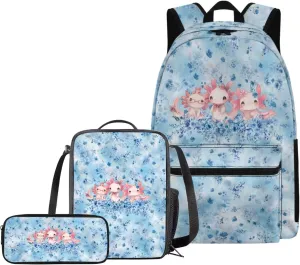 Axolotl and Flowers Backpacks for 5th Grade Girls Bookbag with Lunch Box and Pencil Case Elementary School Bag for Kids with Lunchbox Pencil Pouch