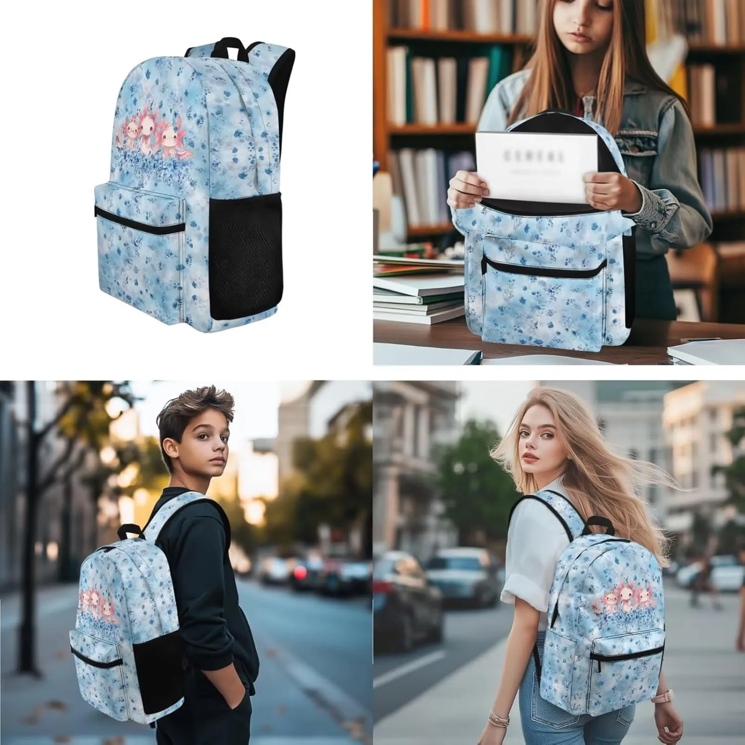 Axolotl and Flowers Backpacks for 5th Grade Girls Bookbag with Lunch Box and Pencil Case Elementary School Bag for Kids with Lunchbox Pencil Pouch