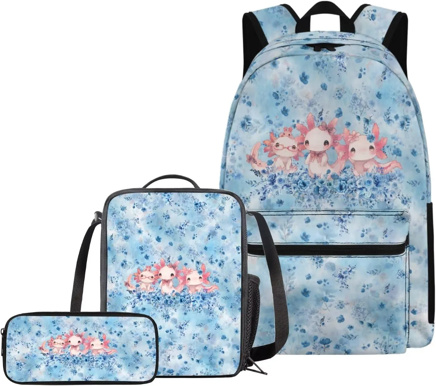 Axolotl and Flowers Backpacks for 5th Grade Girls Bookbag with Lunch Box and Pencil Case Elementary School Bag for Kids with Lunchbox Pencil Pouch