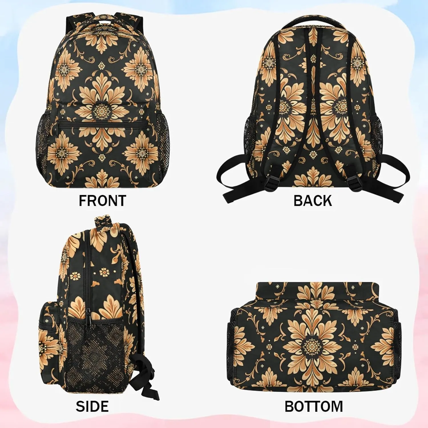 Backpack Bohemian Flowers Book Bags Laptop Backpacks Lightweight Multipurpose Daypack for Men Women Travel Hiking