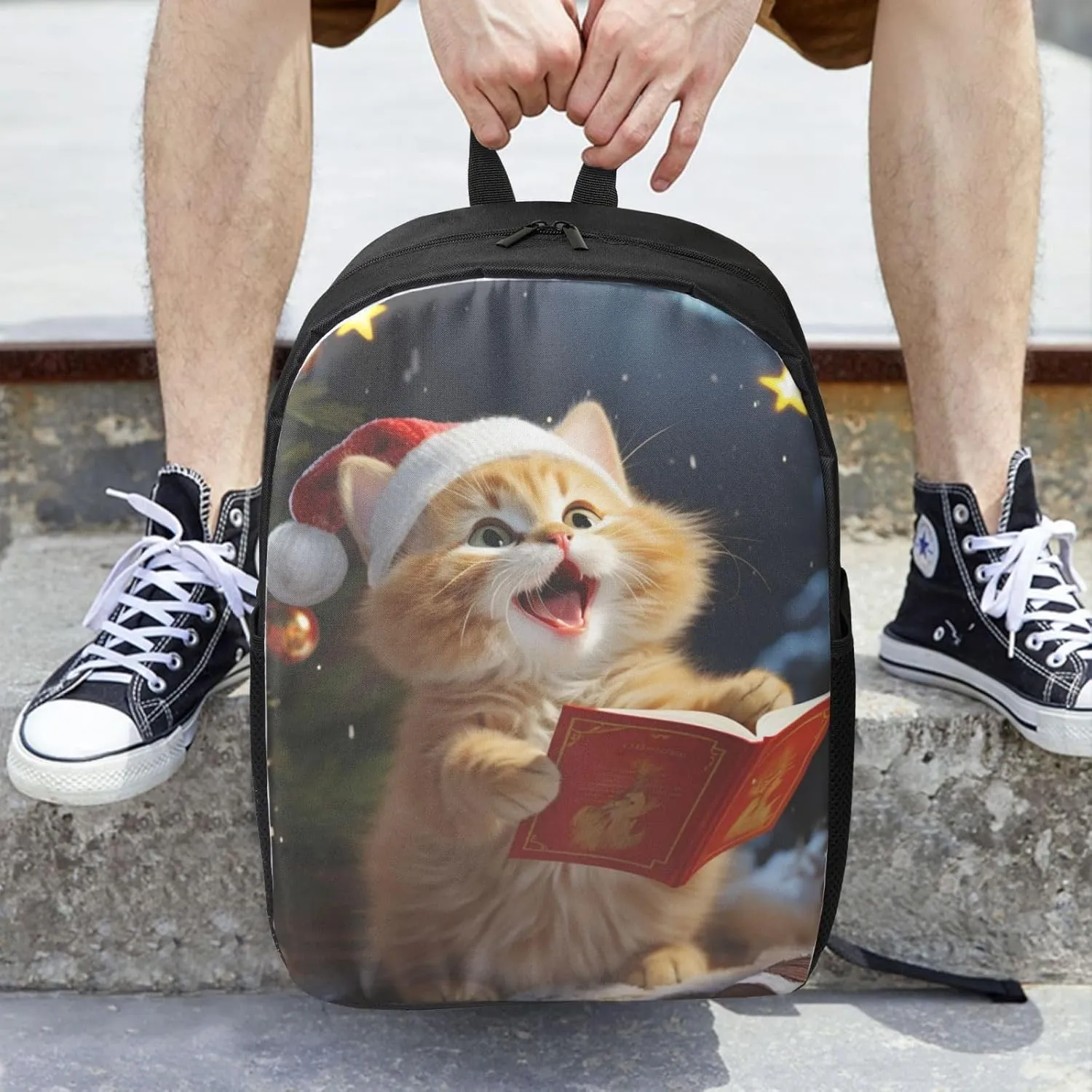Backpack Cute Cat Sing Christmas Carols Travel Casual Laptop Backpack 17 inch Waterproof Hiking Daypack for Men Women