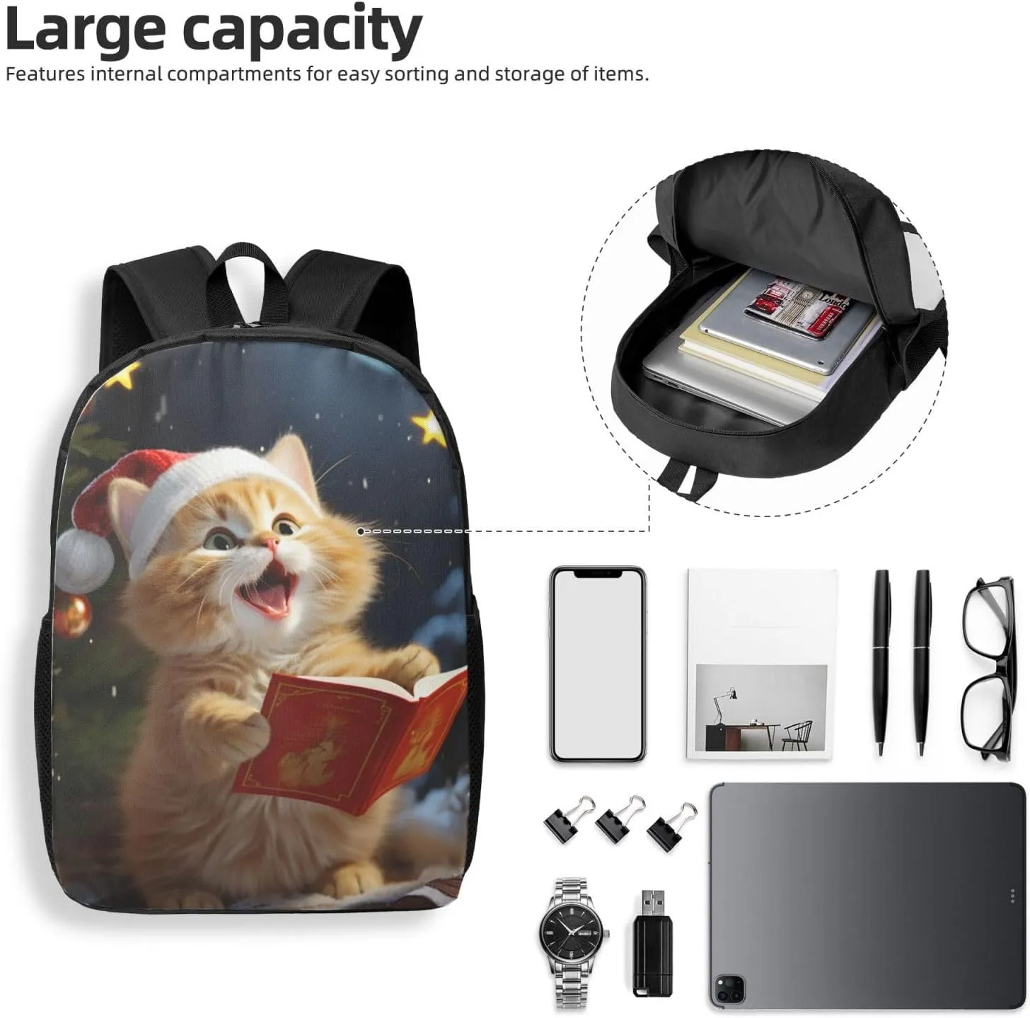 Backpack Cute Cat Sing Christmas Carols Travel Casual Laptop Backpack 17 inch Waterproof Hiking Daypack for Men Women