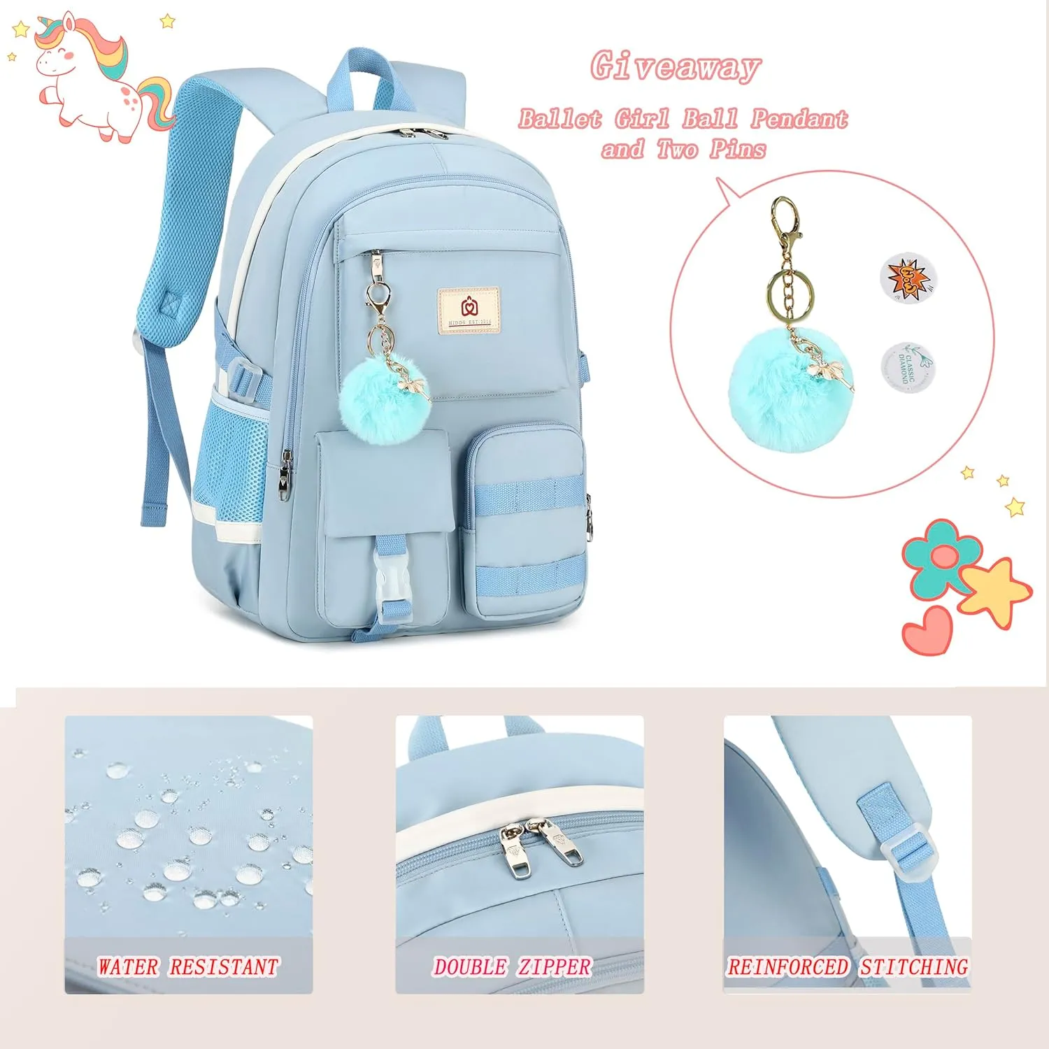 Backpack for girls Laptop Backpacks 15.6 Inch College Cute Bookbag Anti Theft Primary Elementary School Bag Casual Daypack for Teens Girl Women Students (Blue)