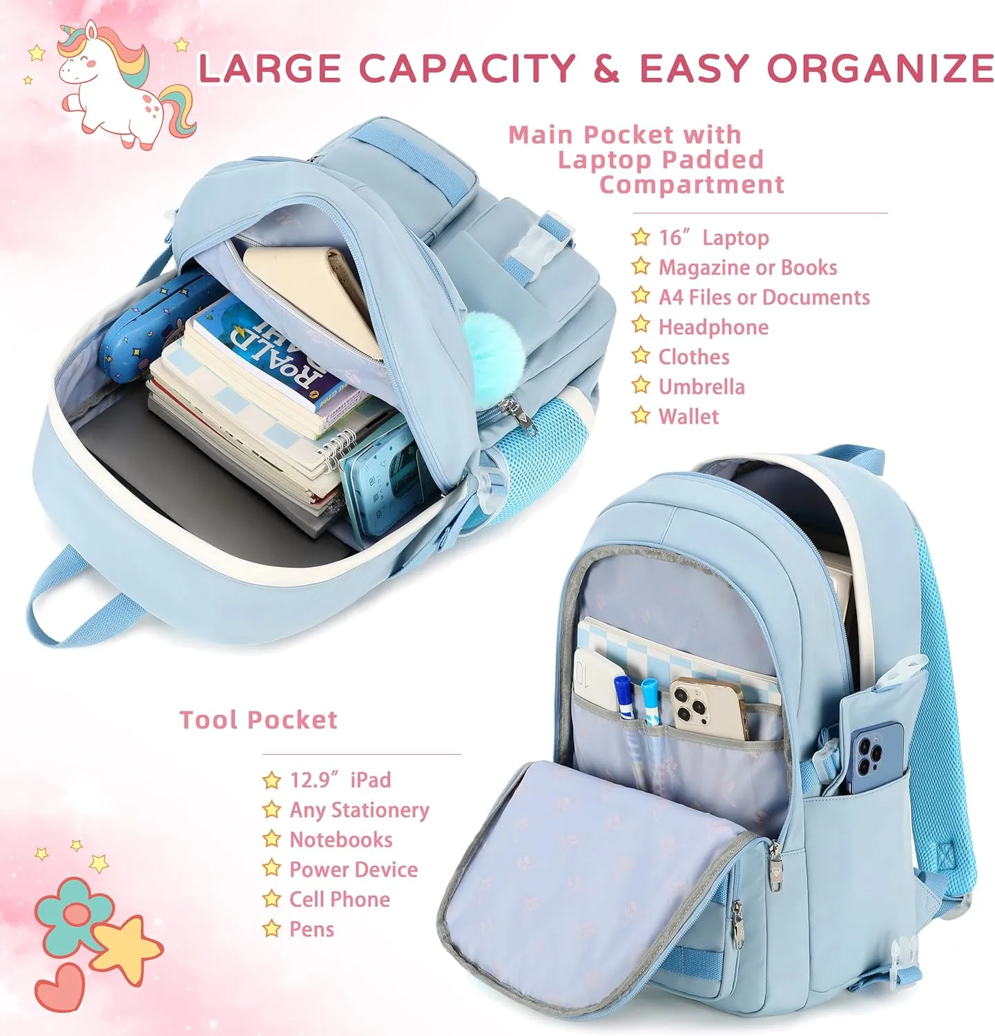 Backpack for girls Laptop Backpacks 15.6 Inch College Cute Bookbag Anti Theft Primary Elementary School Bag Casual Daypack for Teens Girl Women Students (Blue)