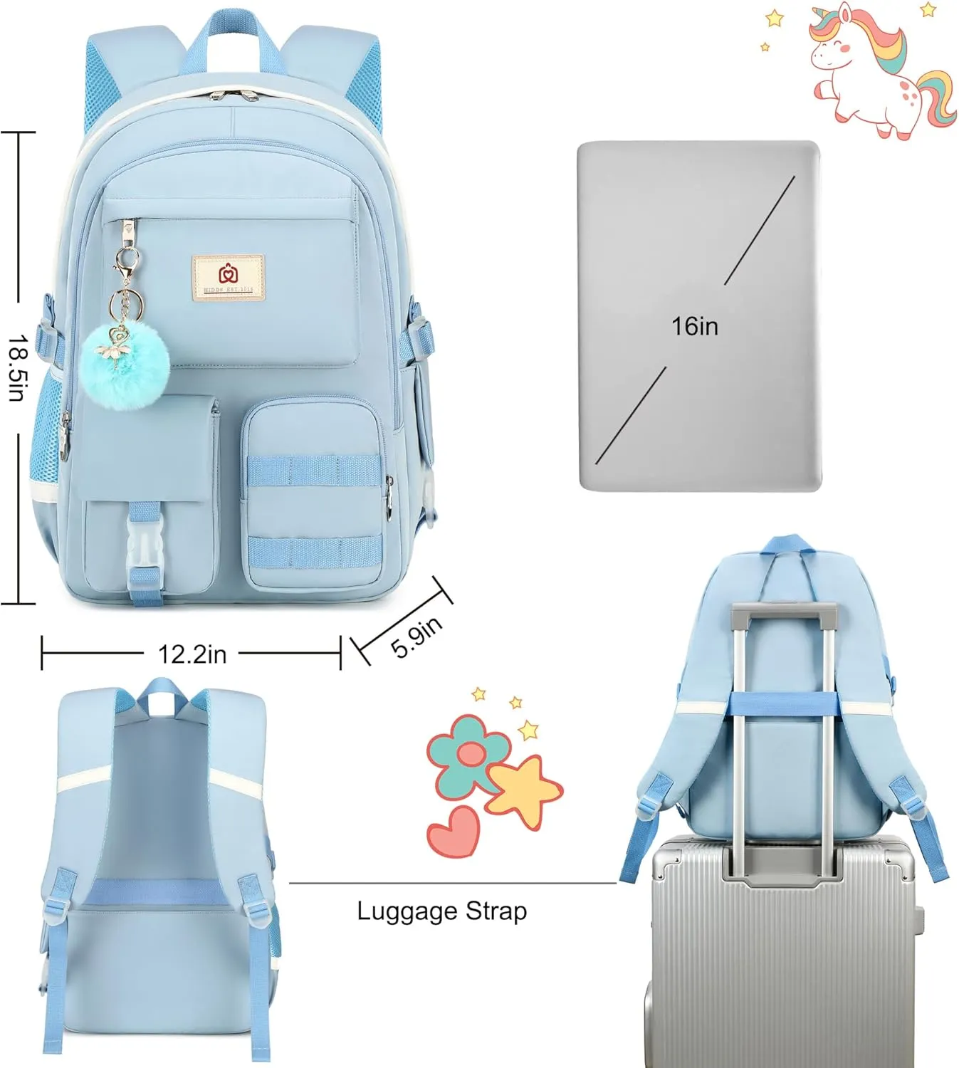 Backpack for girls Laptop Backpacks 15.6 Inch College Cute Bookbag Anti Theft Primary Elementary School Bag Casual Daypack for Teens Girl Women Students (Blue)