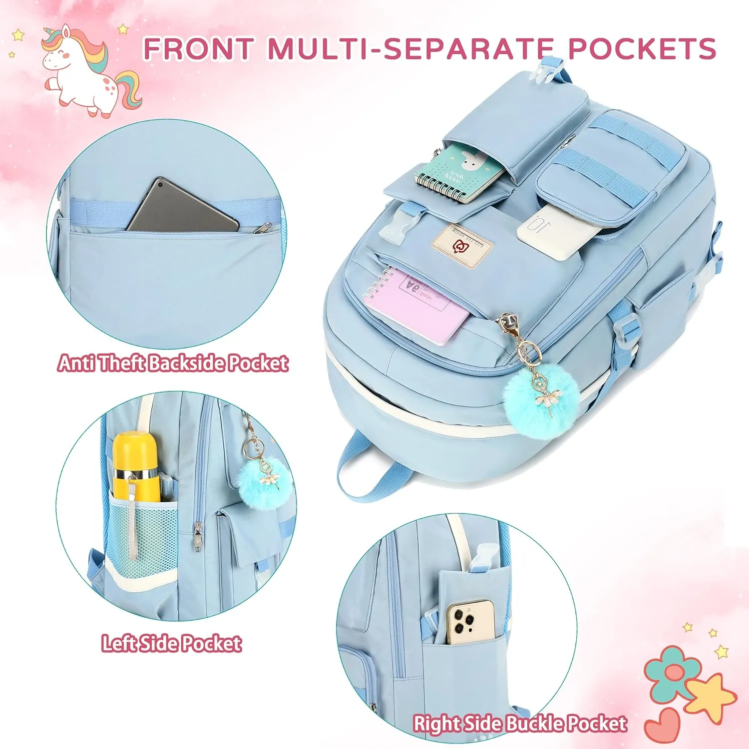 Backpack for girls Laptop Backpacks 15.6 Inch College Cute Bookbag Anti Theft Primary Elementary School Bag Casual Daypack for Teens Girl Women Students (Blue)