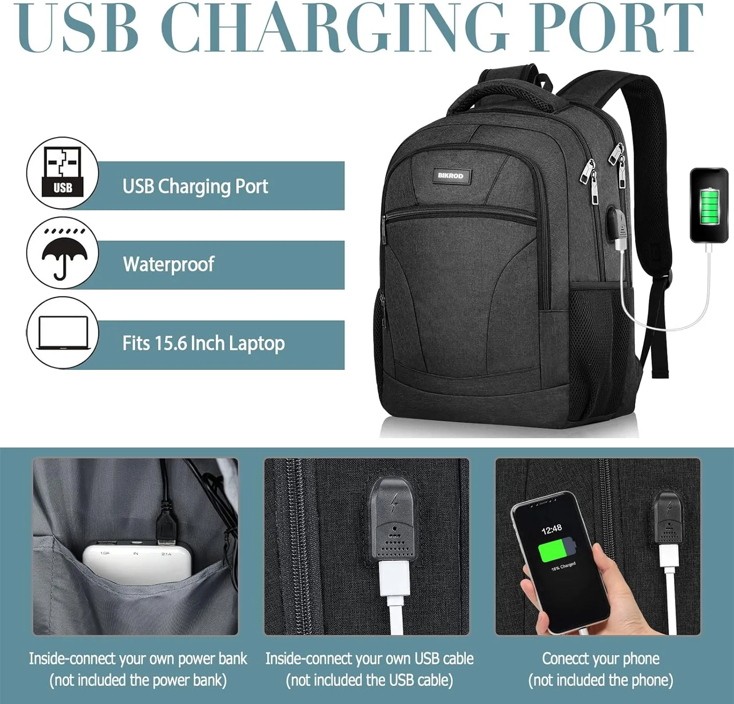Backpack for Men and Women, Backpacks for School Teen Boys, Colleges Water Resistant Back Pack with USB Charging Port, Sturdy Computer Bag Gifts Fits 15.6 Inch Laptop, Black